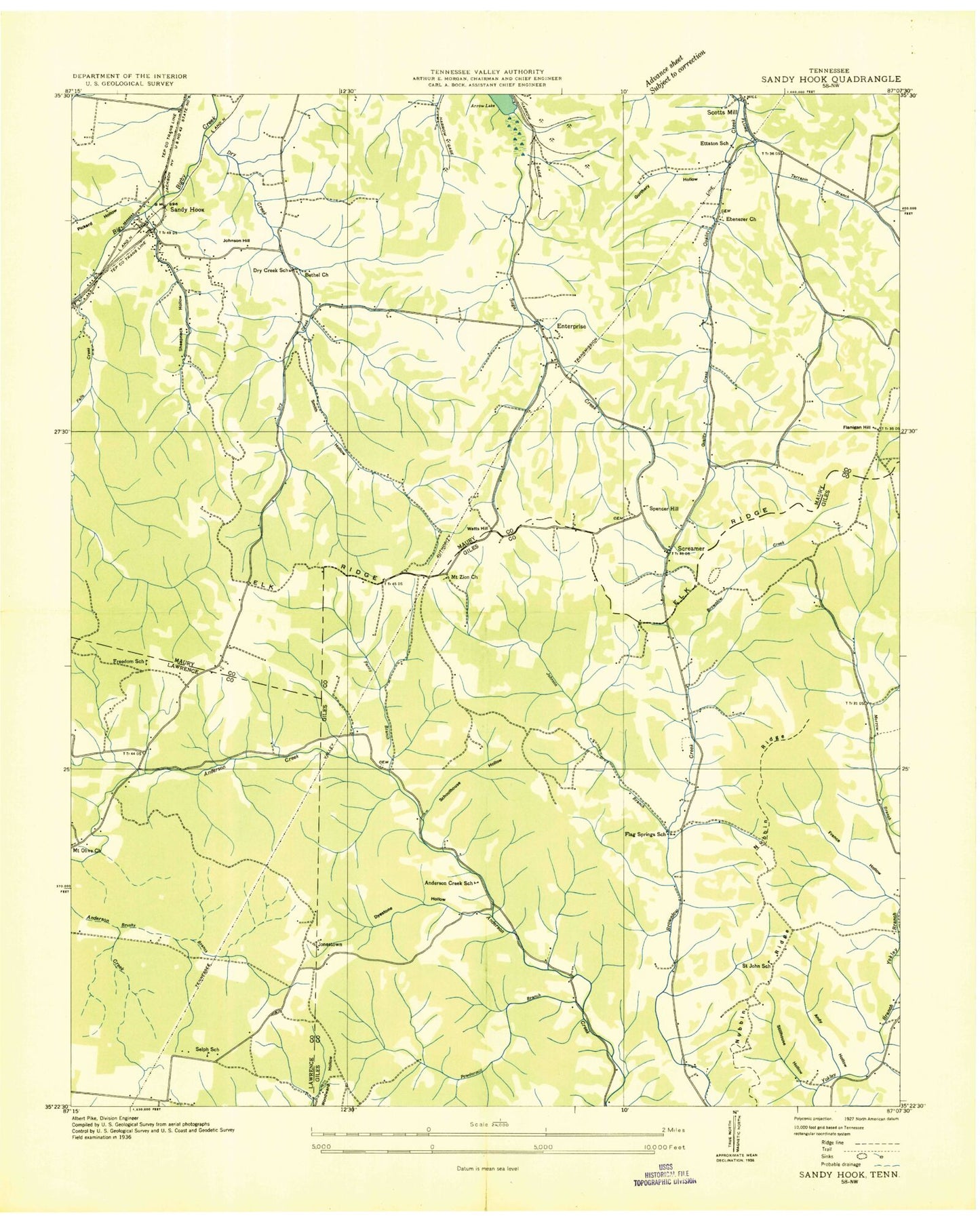 Classic USGS Sandy Hook Tennessee 7.5'x7.5' Topo Map Image