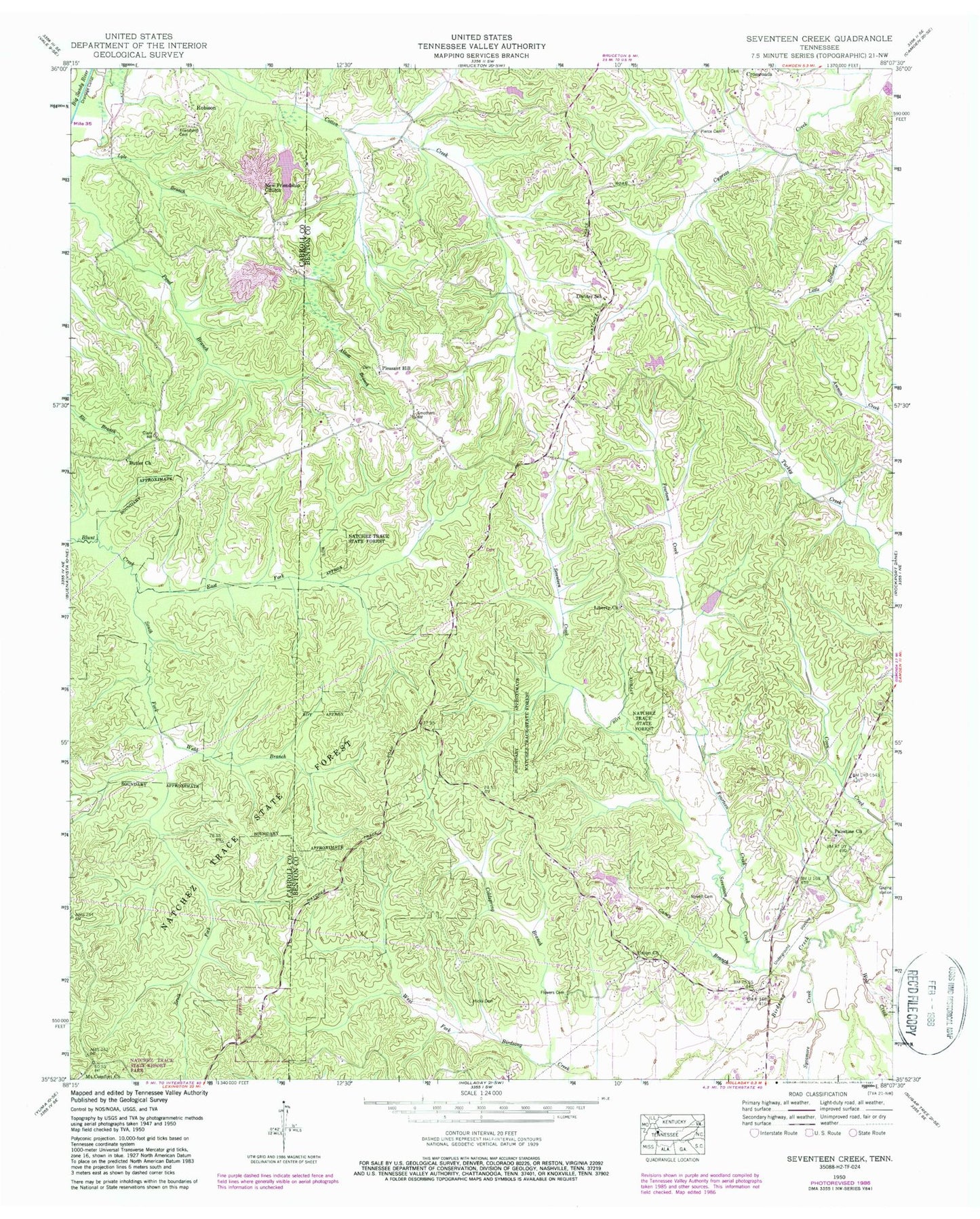 Classic USGS Seventeen Creek Tennessee 7.5'x7.5' Topo Map Image