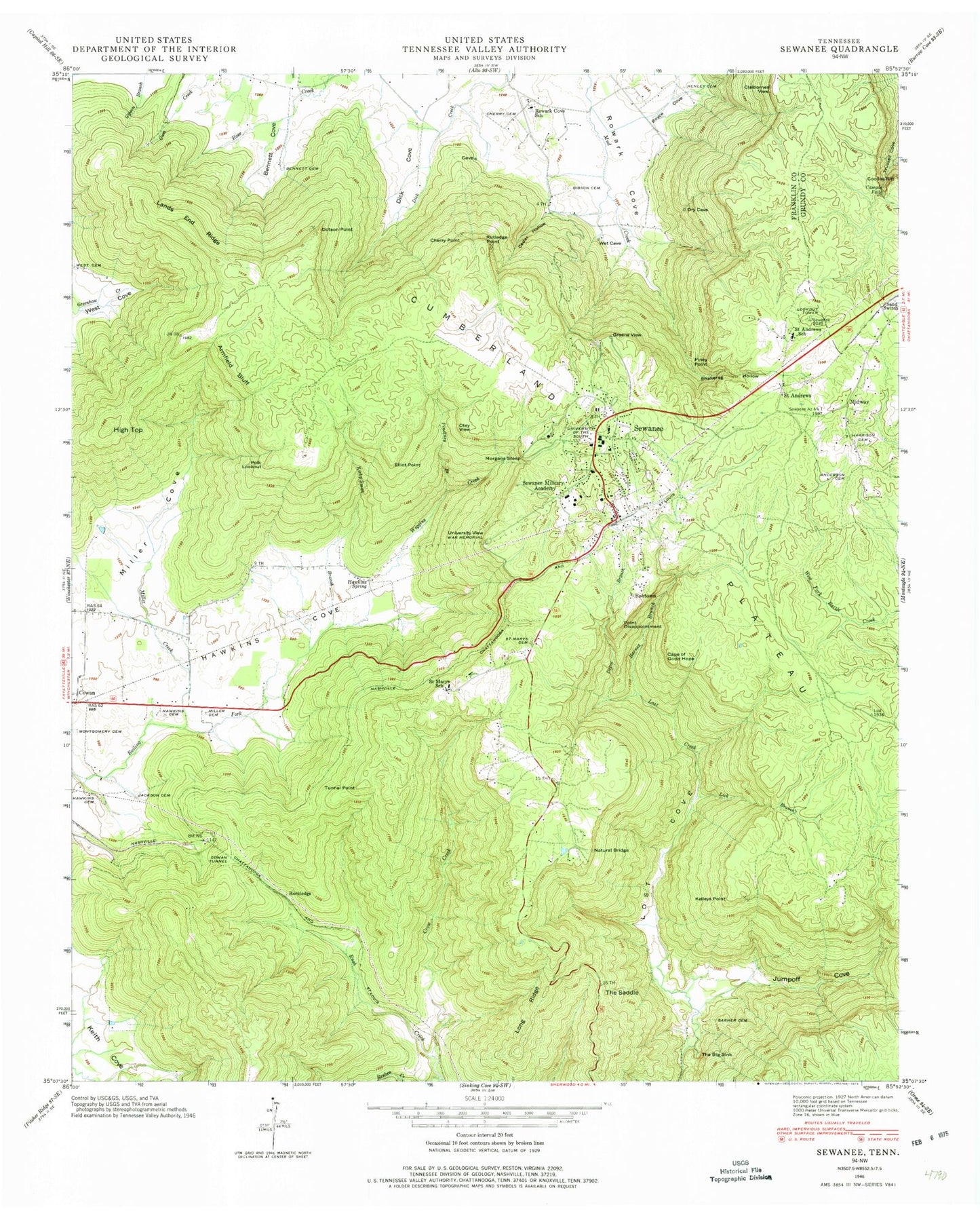 Classic USGS Sewanee Tennessee 7.5'x7.5' Topo Map Image