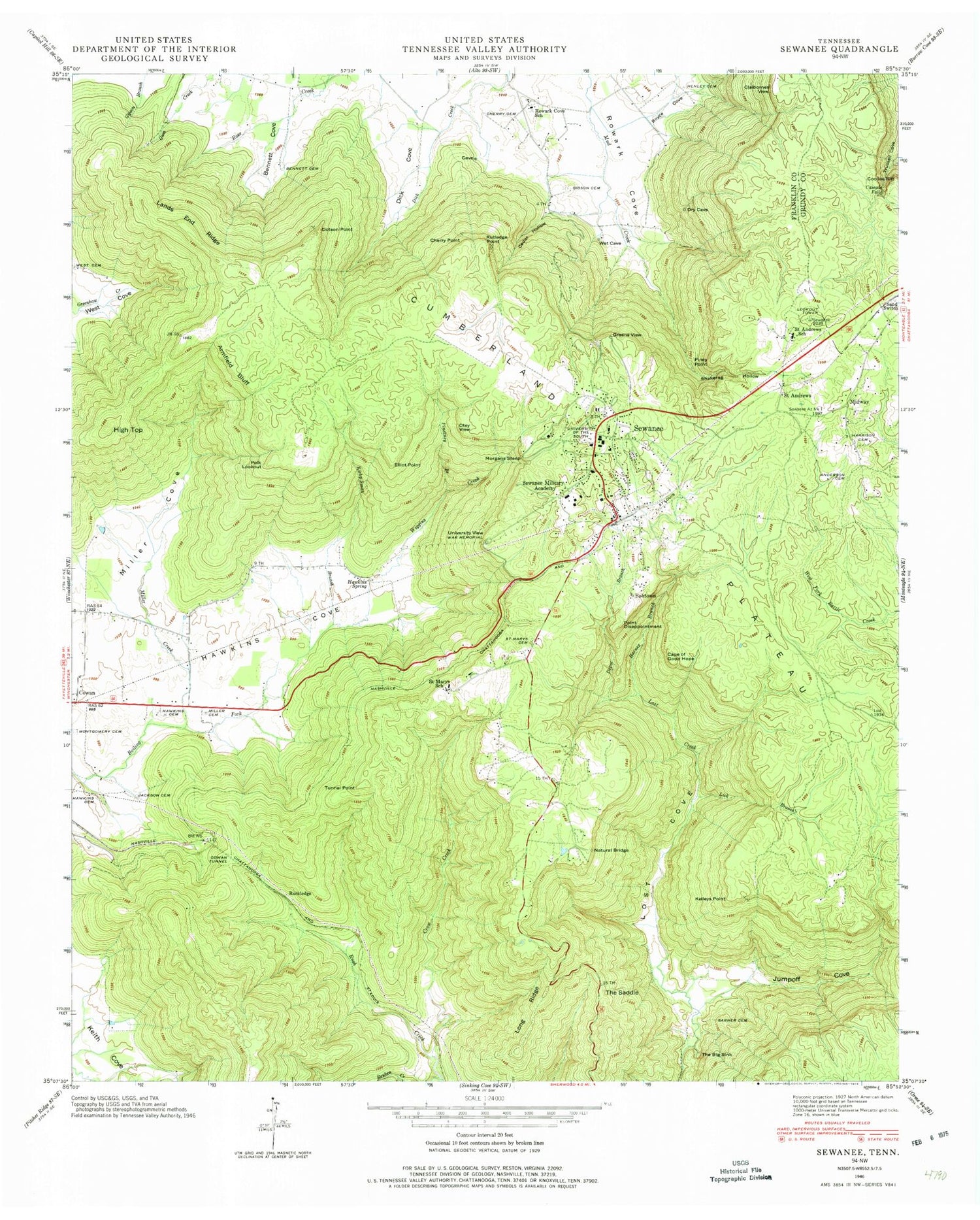 Classic USGS Sewanee Tennessee 7.5'x7.5' Topo Map Image