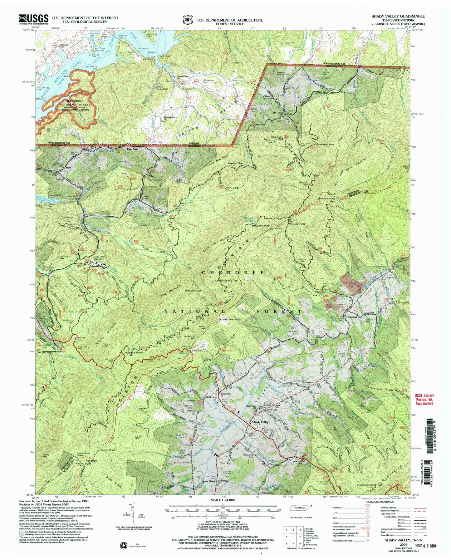 Classic USGS Shady Valley Tennessee 7.5'x7.5' Topo Map Image
