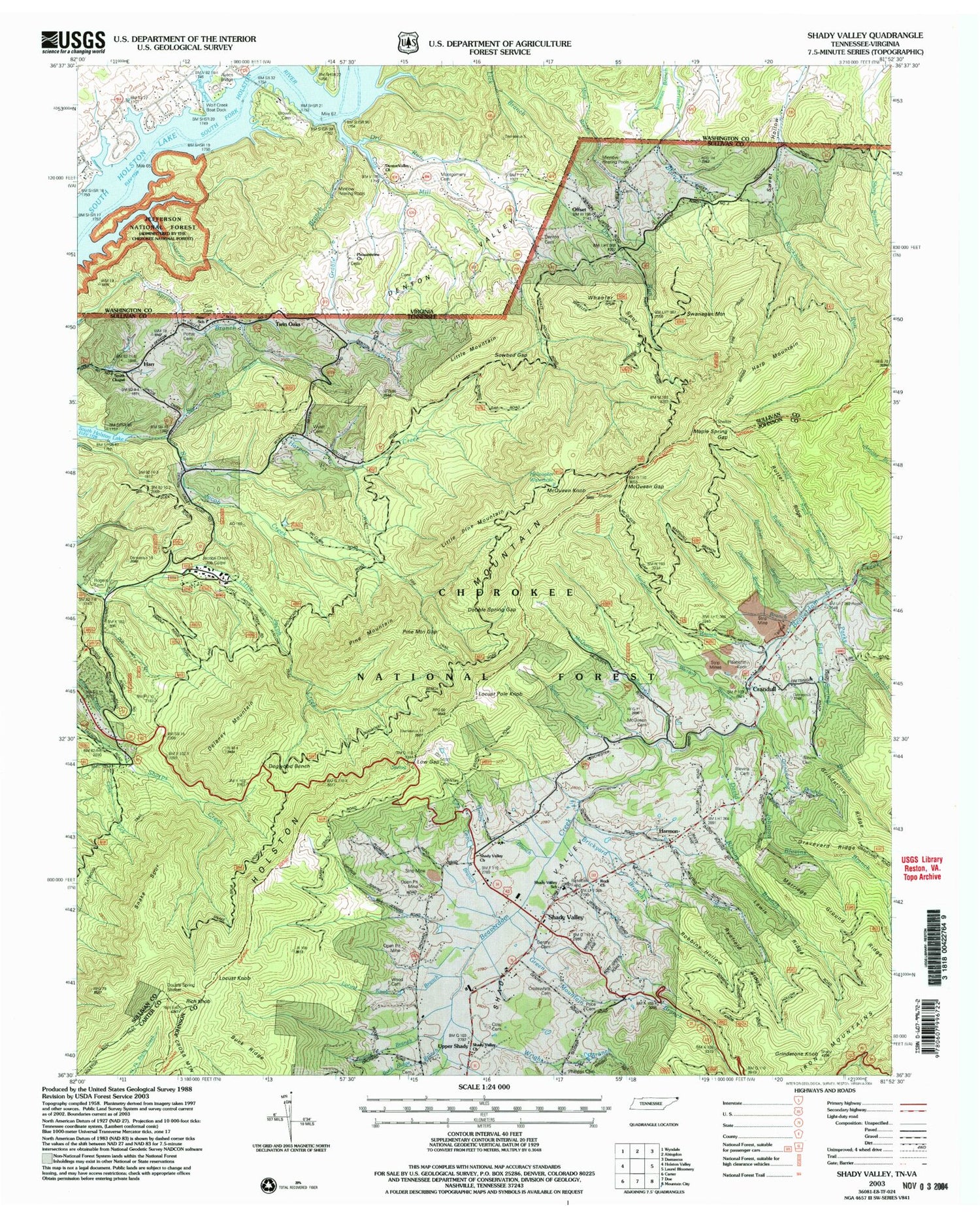 Classic USGS Shady Valley Tennessee 7.5'x7.5' Topo Map Image