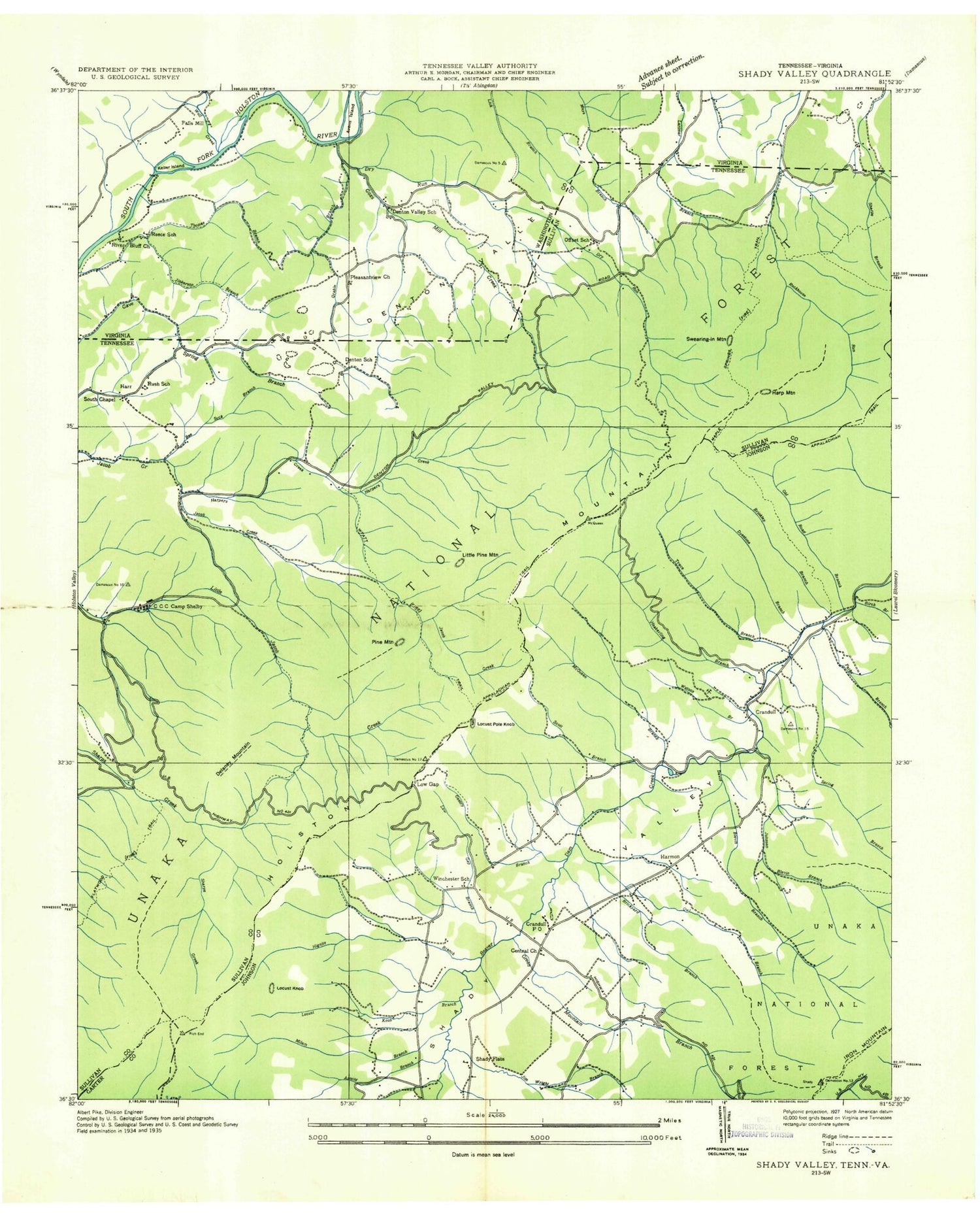 Classic USGS Shady Valley Tennessee 7.5'x7.5' Topo Map Image