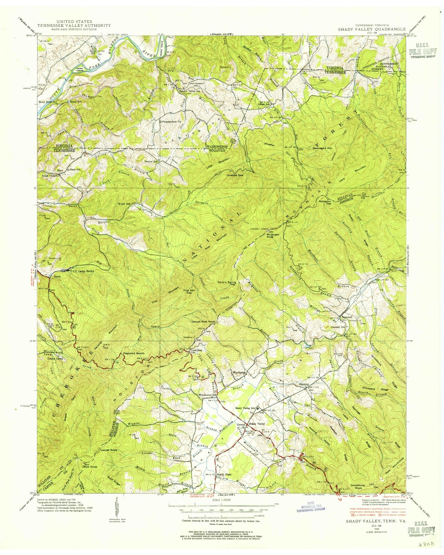Classic USGS Shady Valley Tennessee 7.5'x7.5' Topo Map Image