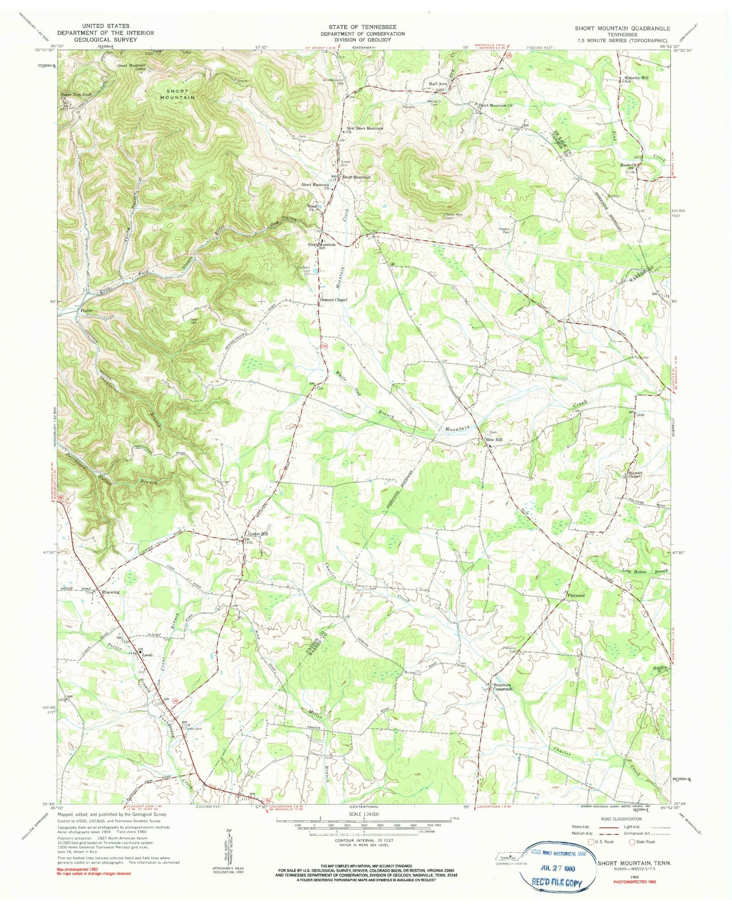 Classic USGS Short Mountain Tennessee 7.5'x7.5' Topo Map Image