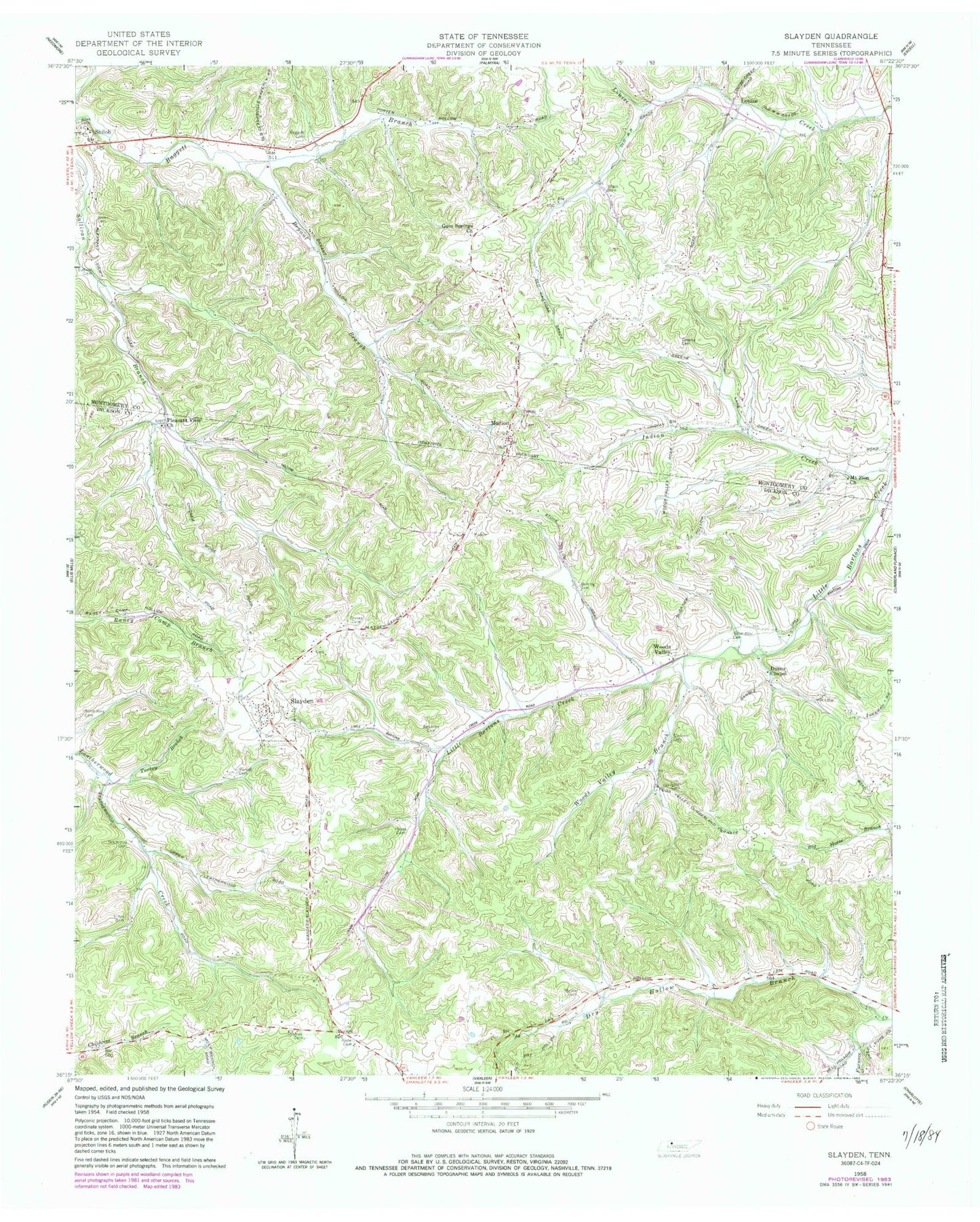 Classic USGS Slayden Tennessee 7.5'x7.5' Topo Map Image