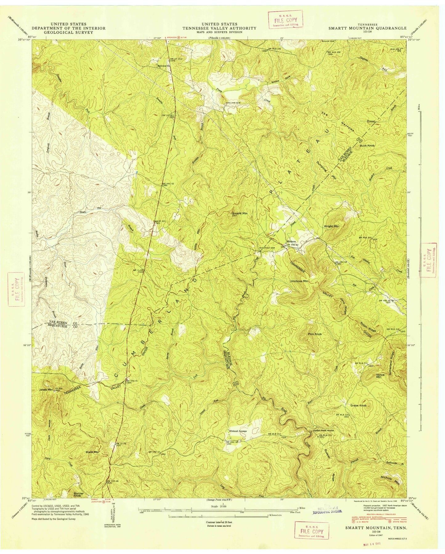 Classic USGS Smartt Mountain Tennessee 7.5'x7.5' Topo Map Image