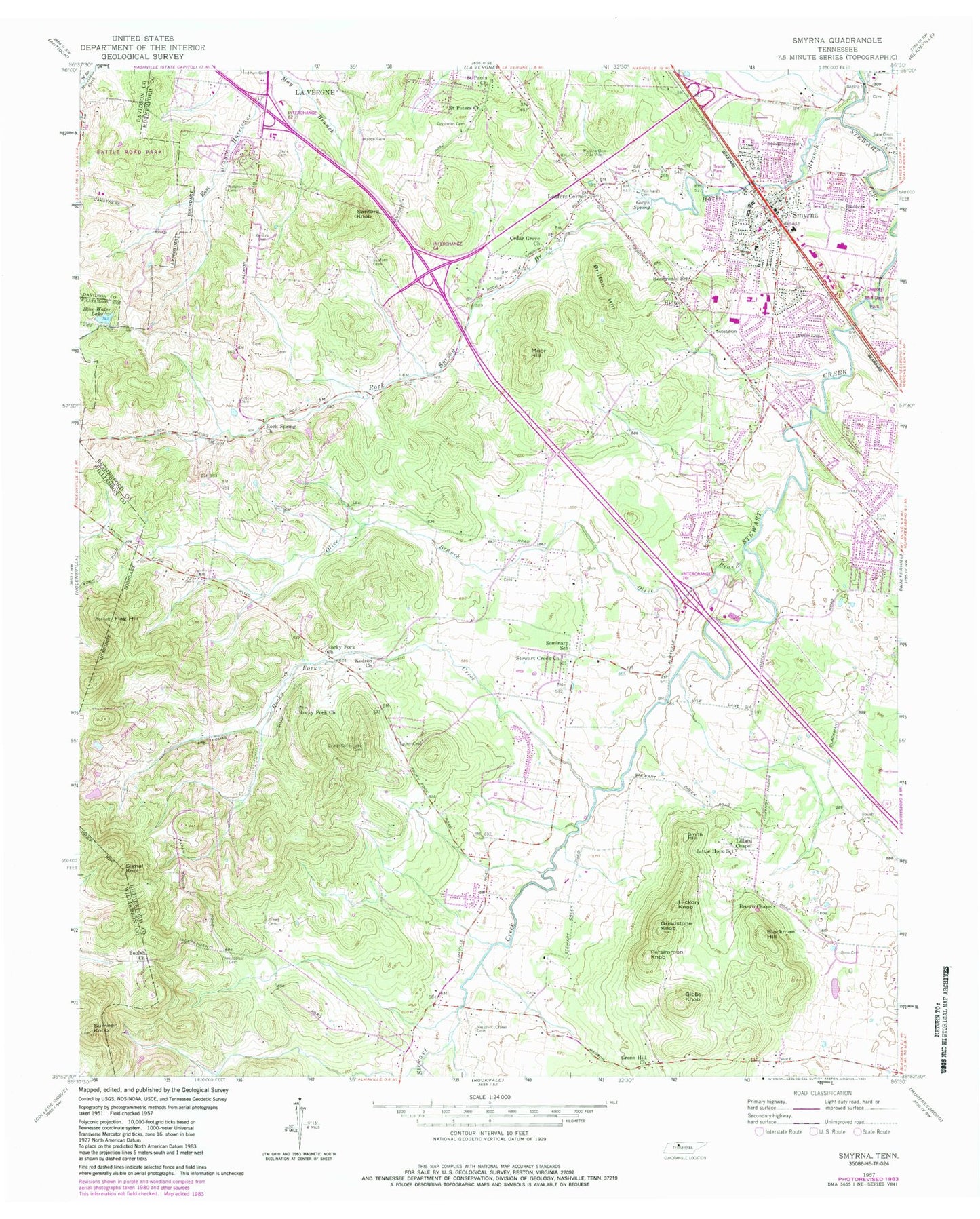 Classic USGS Smyrna Tennessee 7.5'x7.5' Topo Map Image