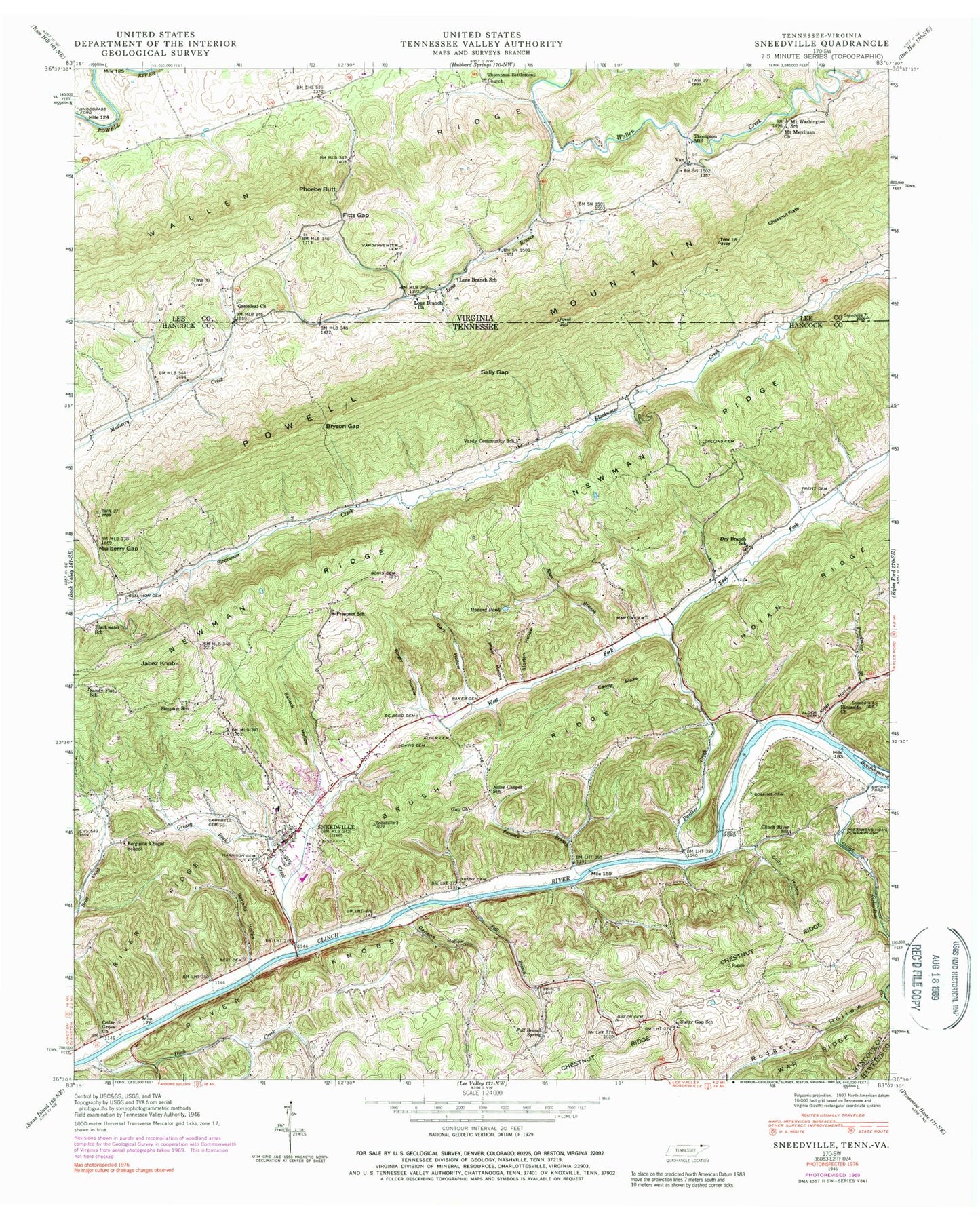 Classic USGS Sneedville Tennessee 7.5'x7.5' Topo Map Image