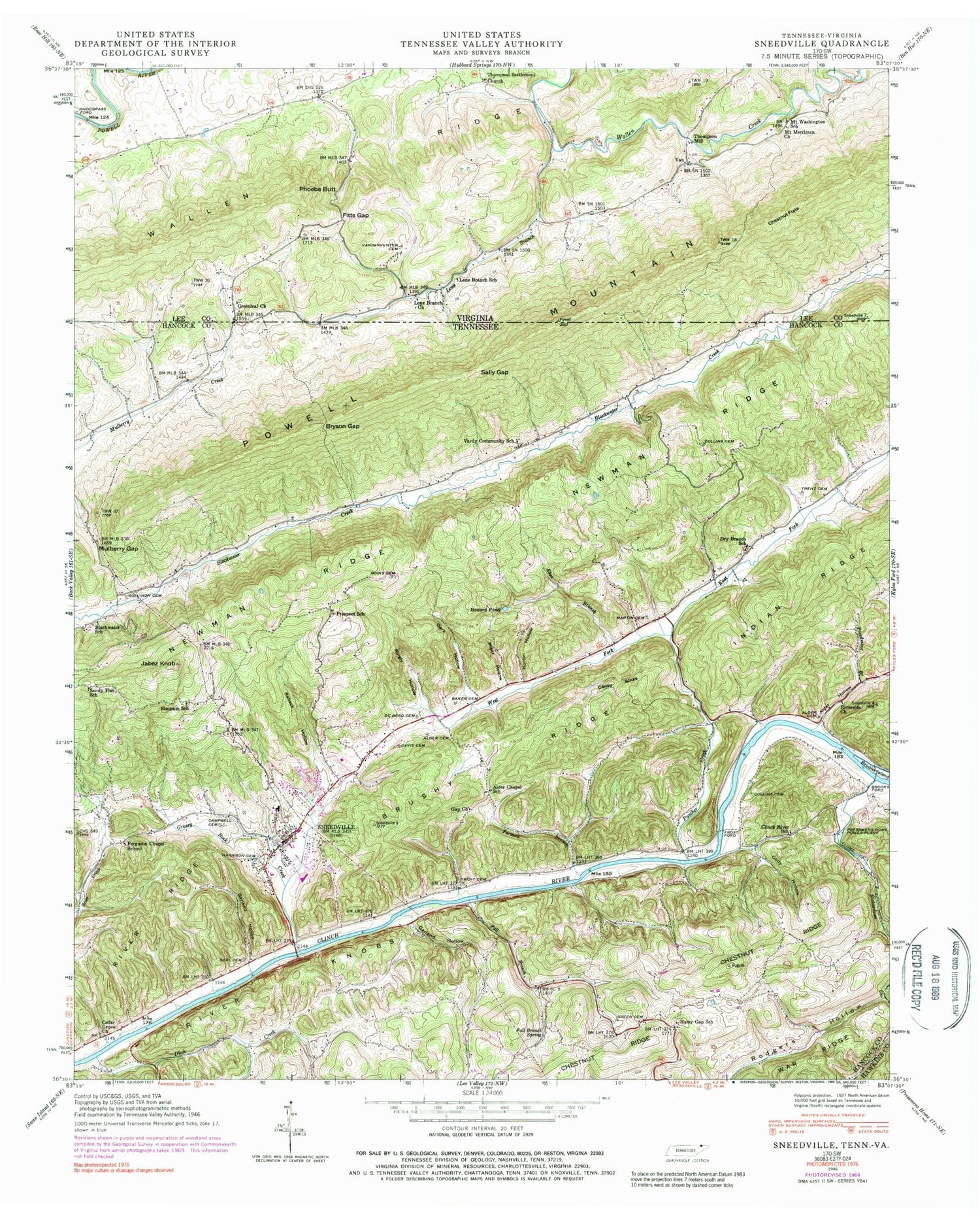 Classic USGS Sneedville Tennessee 7.5'x7.5' Topo Map Image