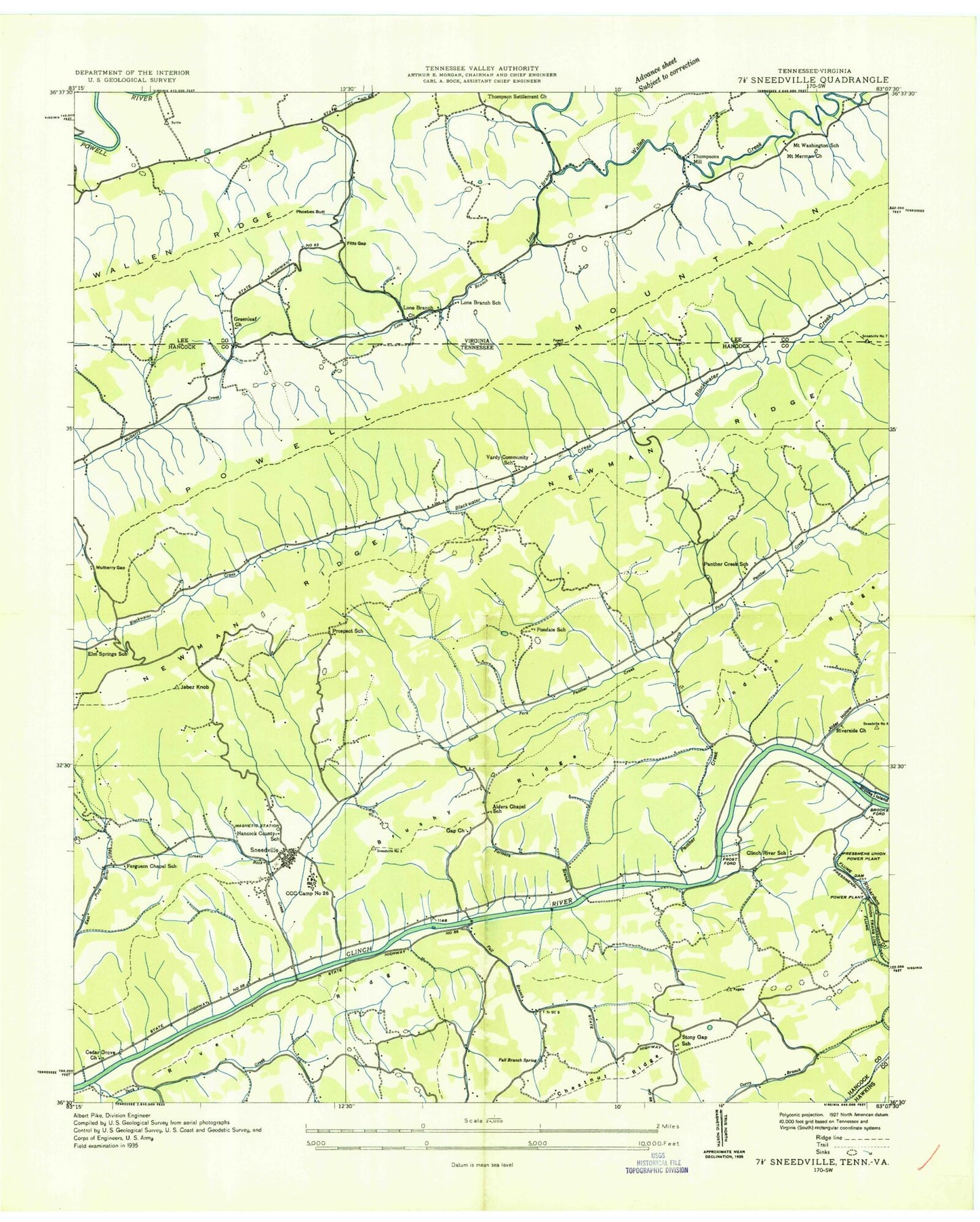 Classic USGS Sneedville Tennessee 7.5'x7.5' Topo Map Image