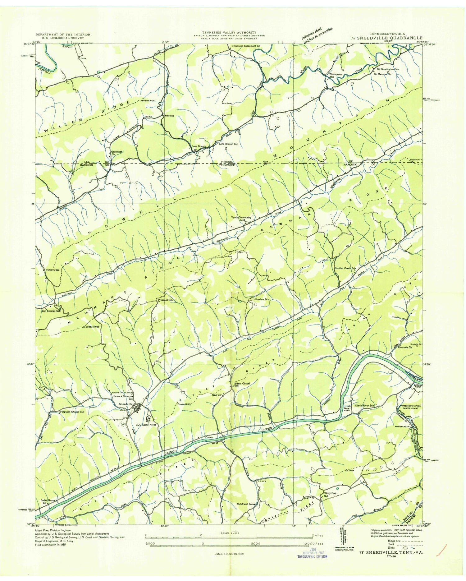 Classic USGS Sneedville Tennessee 7.5'x7.5' Topo Map Image