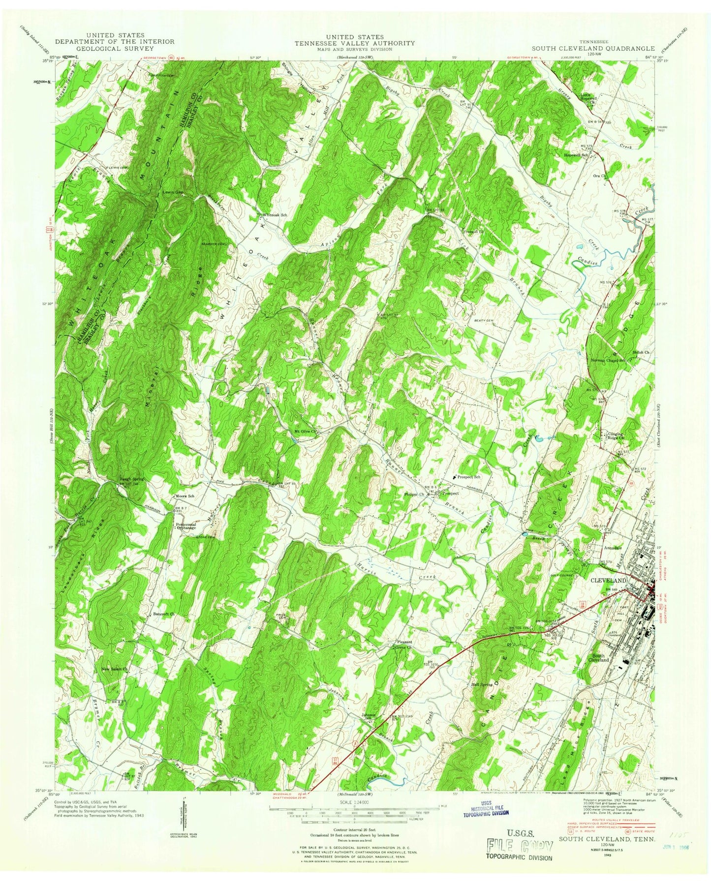 Classic USGS South Cleveland Tennessee 7.5'x7.5' Topo Map Image