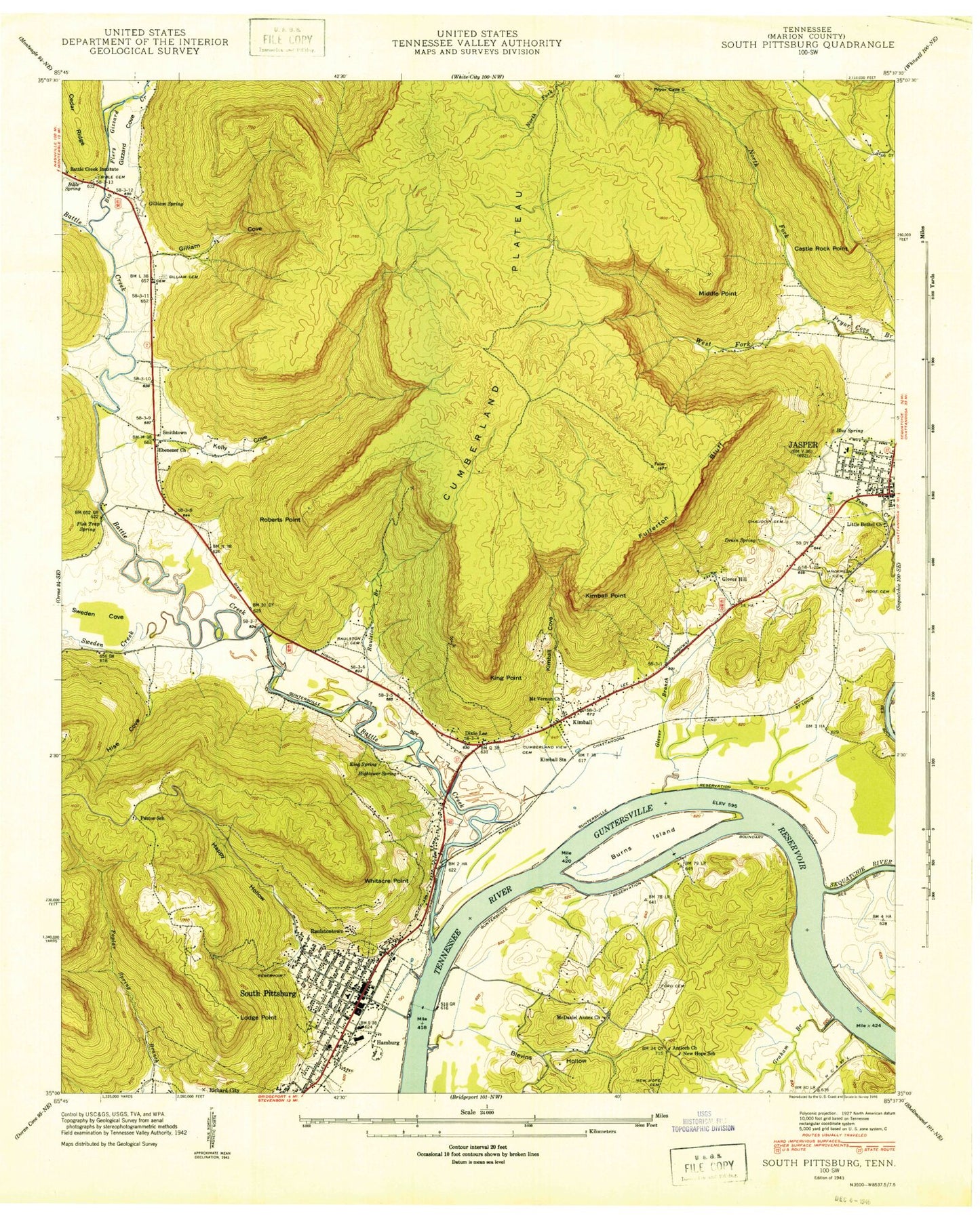 Classic USGS South Pittsburg Tennessee 7.5'x7.5' Topo Map Image