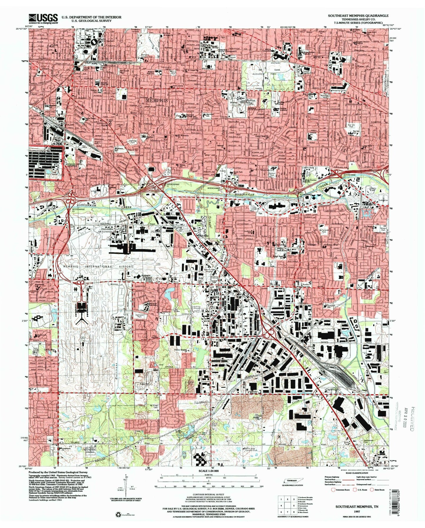 Classic USGS Southeast Memphis Tennessee 7.5'x7.5' Topo Map Image