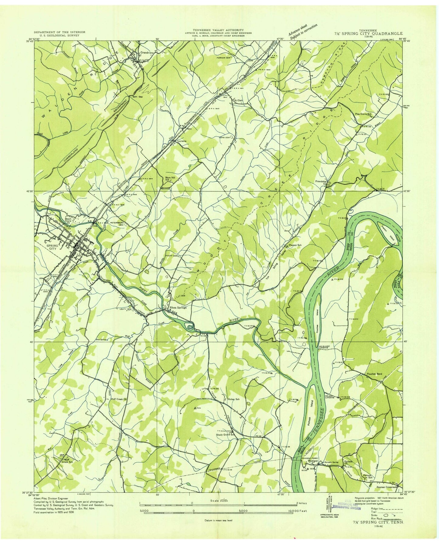 Classic USGS Spring City Tennessee 7.5'x7.5' Topo Map Image