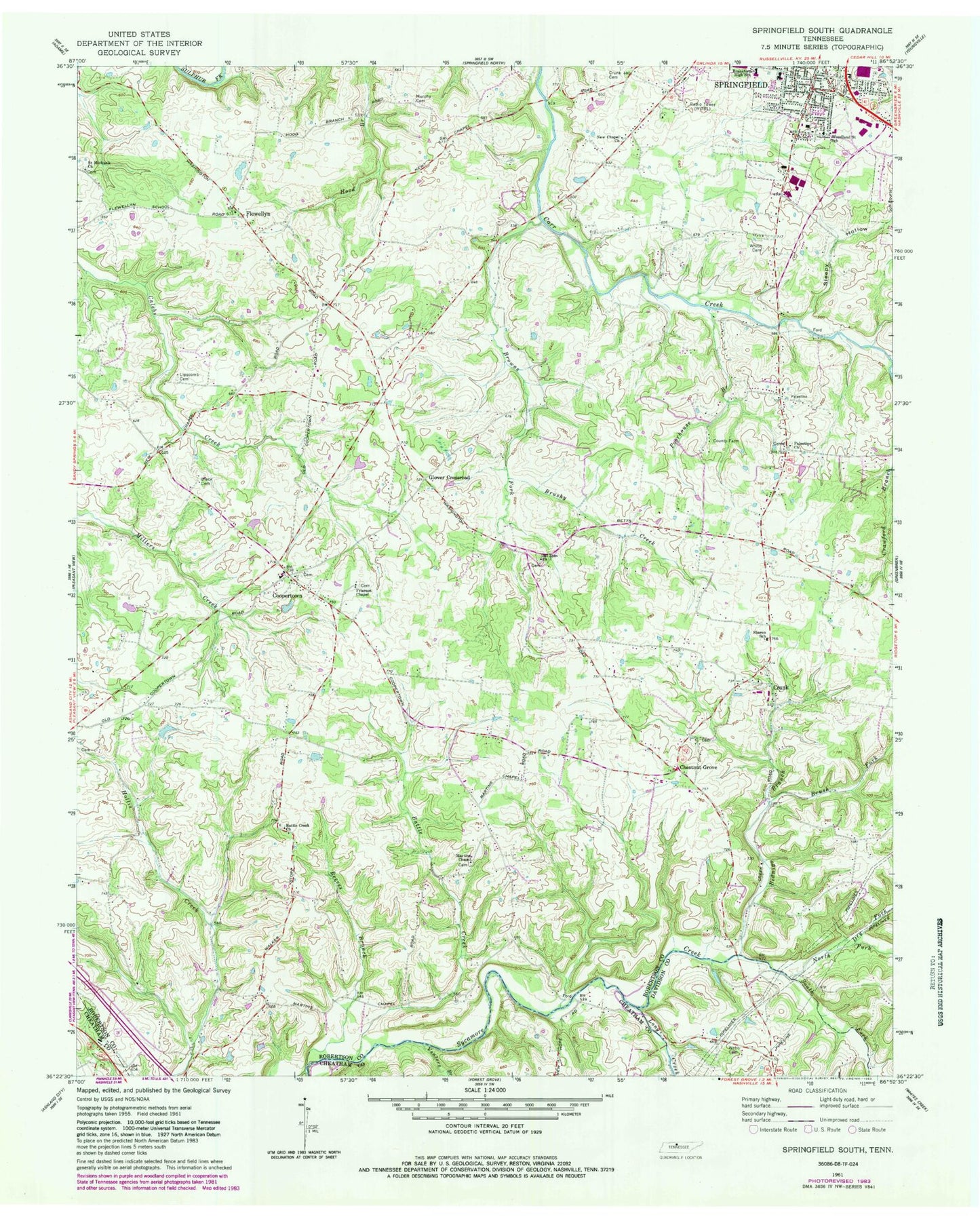 Classic USGS Springfield South Tennessee 7.5'x7.5' Topo Map Image