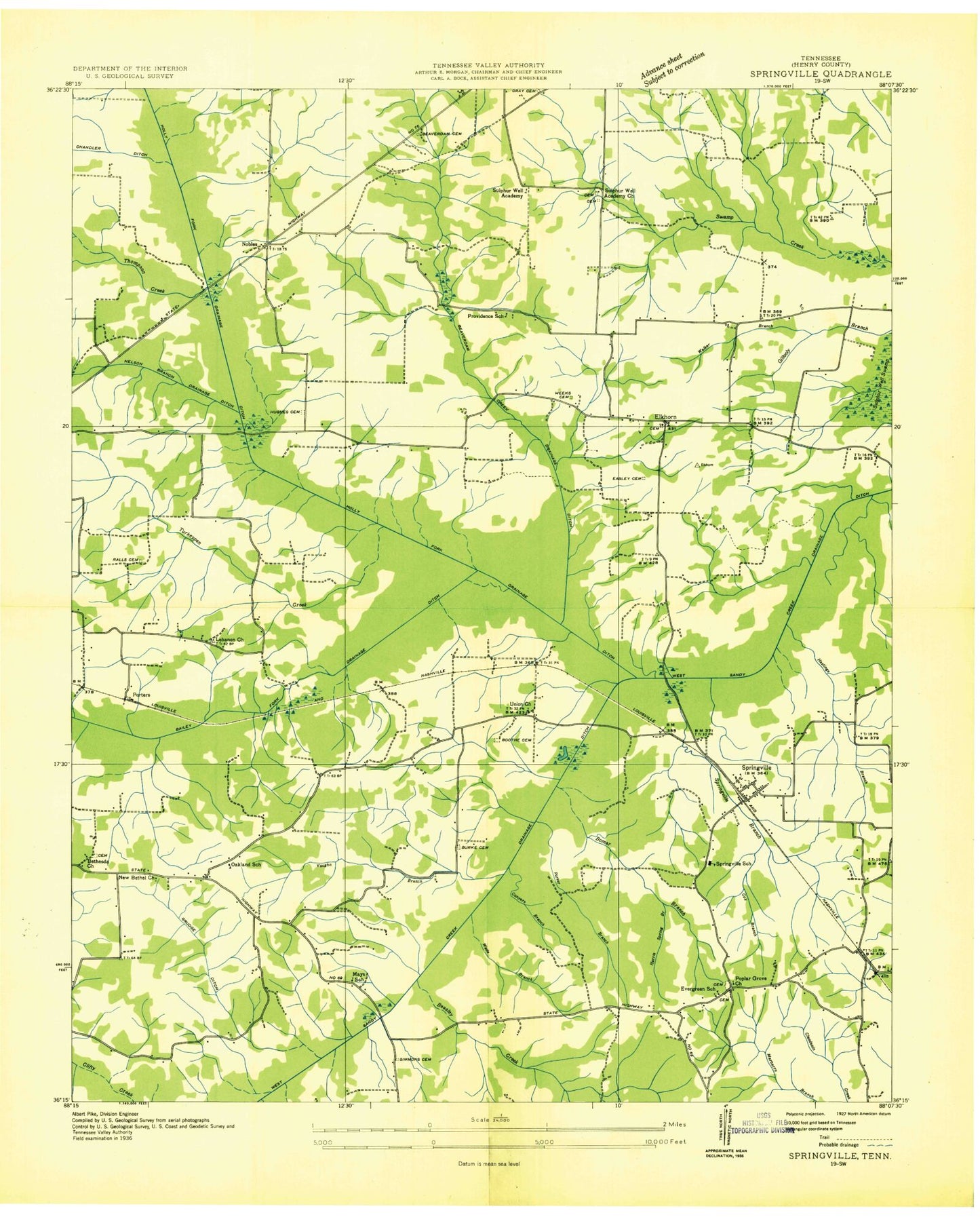 Classic USGS West Sandy Dike Tennessee 7.5'x7.5' Topo Map Image