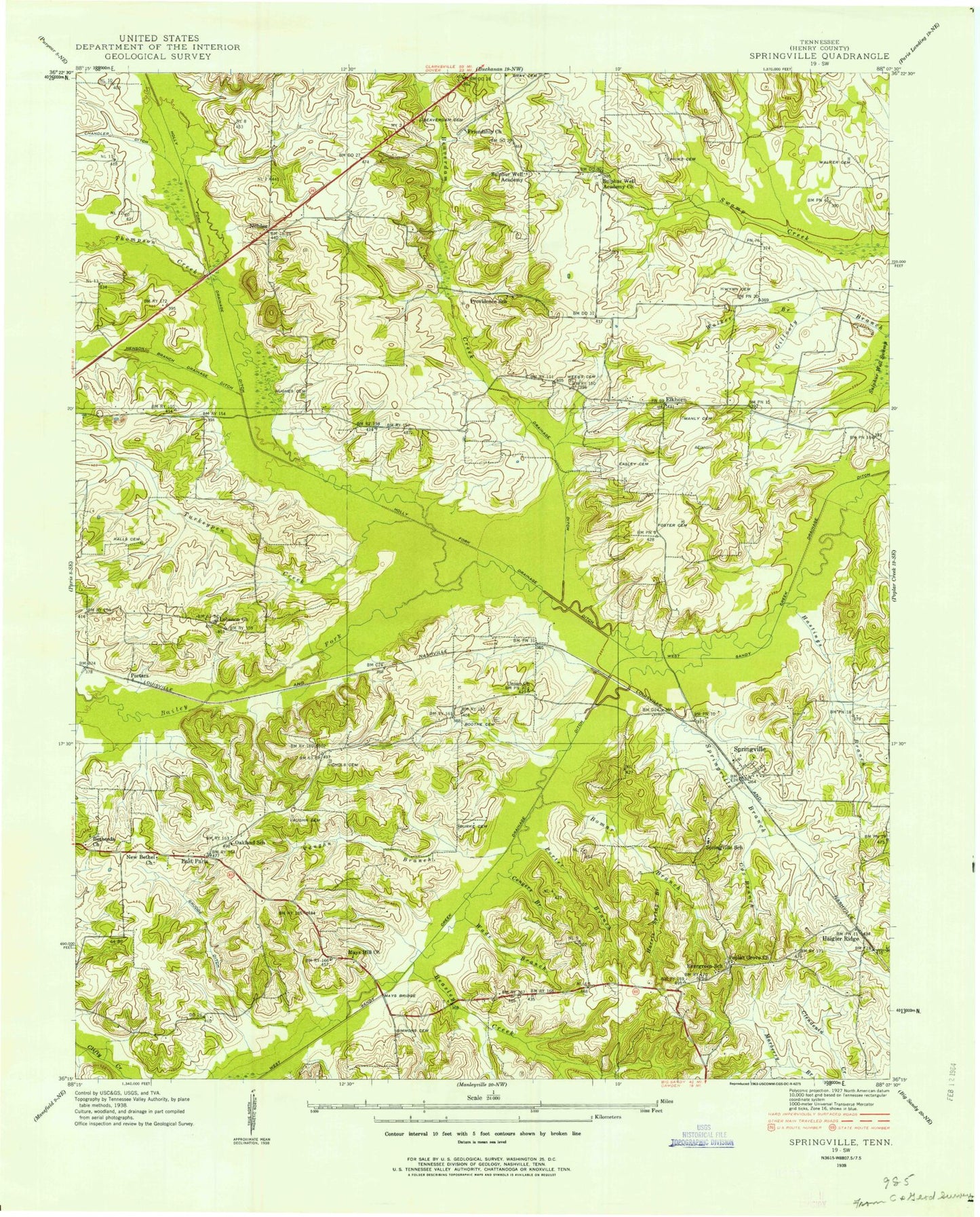 Classic USGS West Sandy Dike Tennessee 7.5'x7.5' Topo Map Image