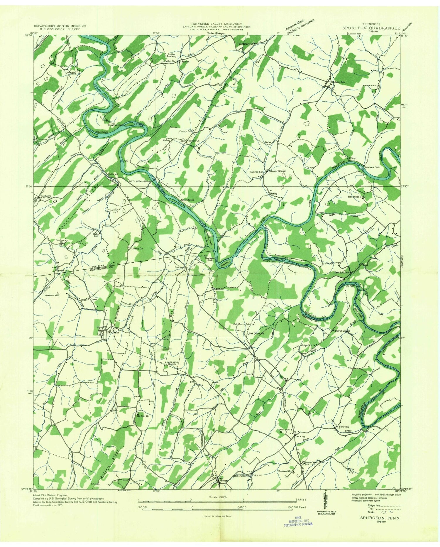 Classic USGS Boone Dam Tennessee 7.5'x7.5' Topo Map Image