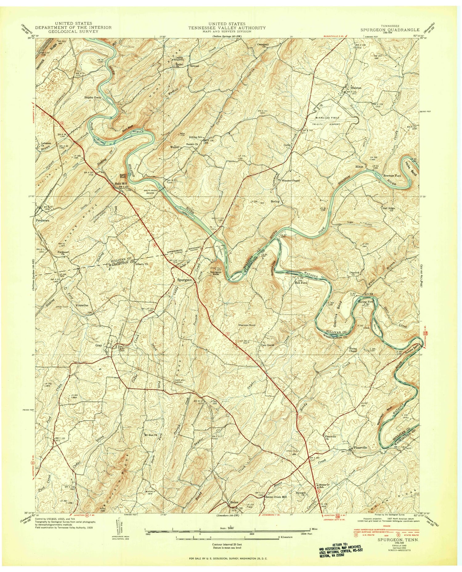Classic USGS Boone Dam Tennessee 7.5'x7.5' Topo Map Image