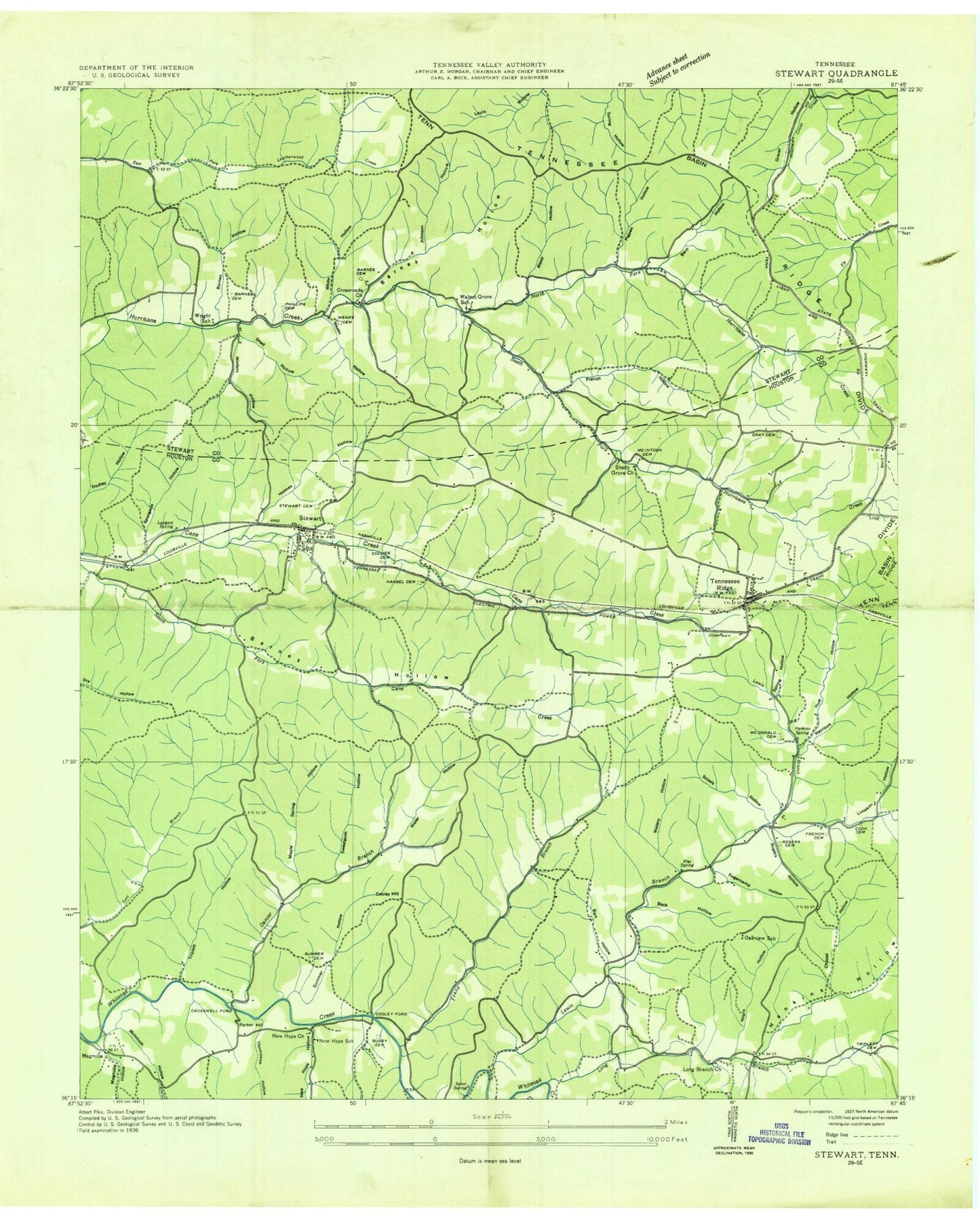 Classic USGS Stewart Tennessee 7.5'x7.5' Topo Map Image