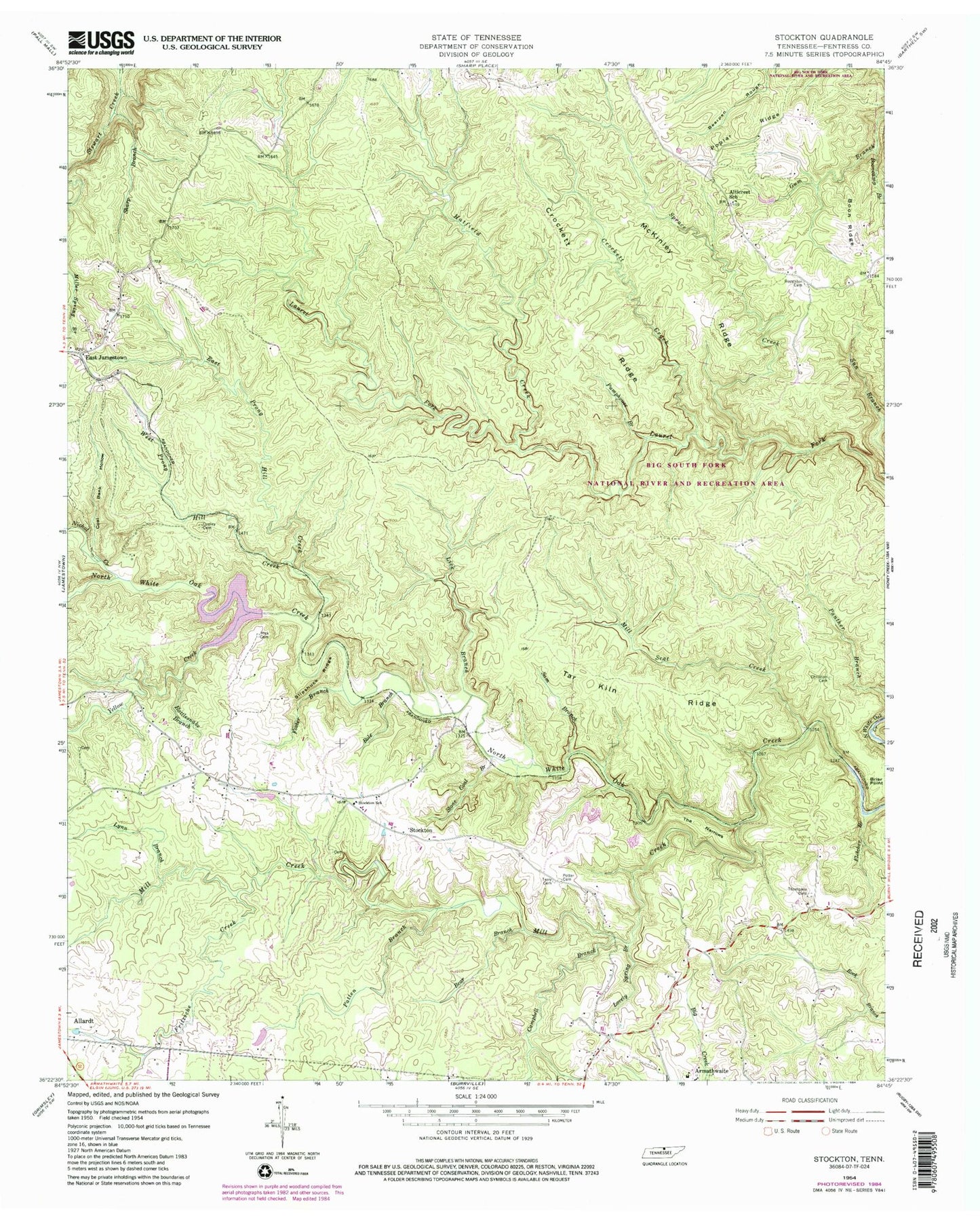 Classic USGS Stockton Tennessee 7.5'x7.5' Topo Map Image