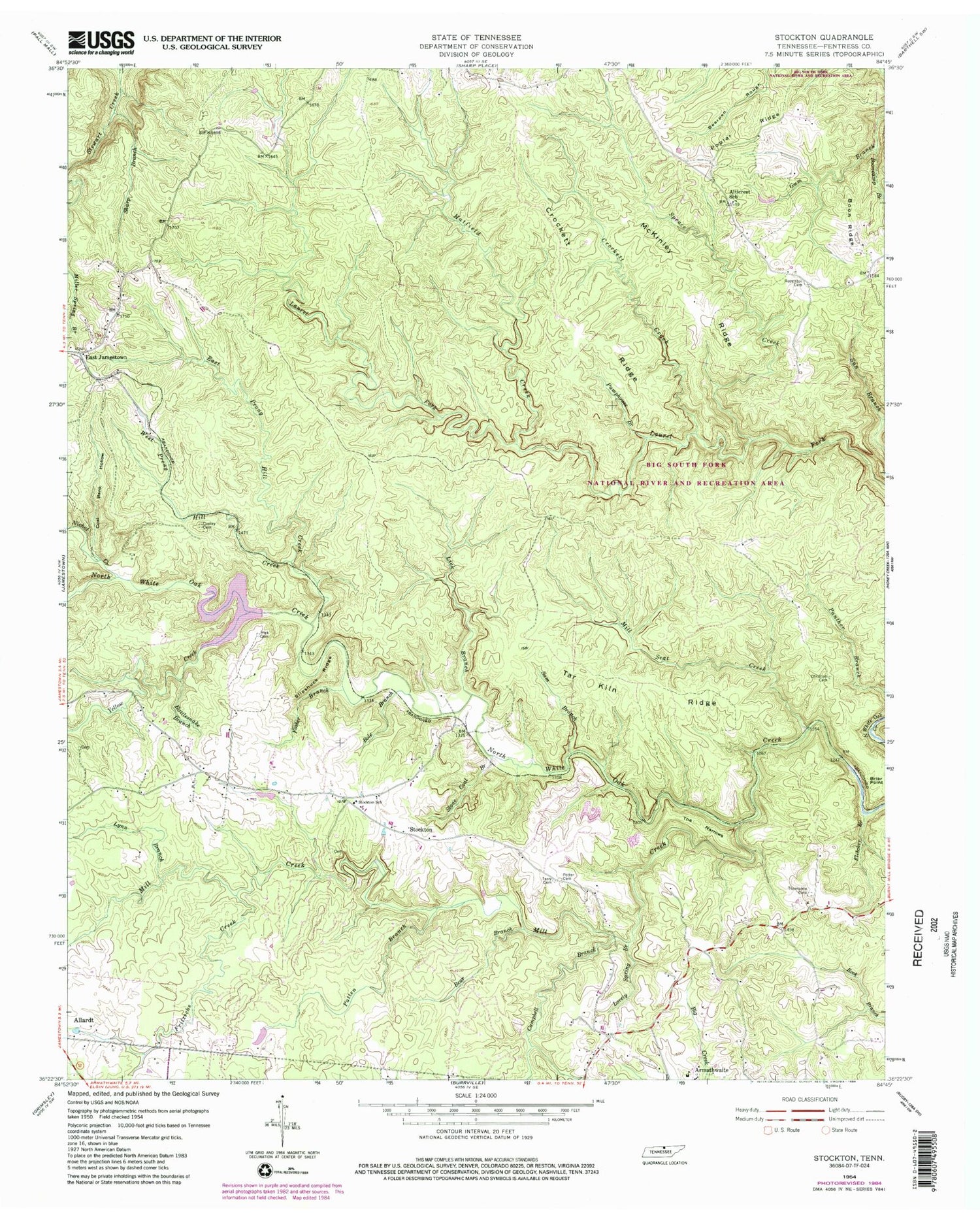 Classic USGS Stockton Tennessee 7.5'x7.5' Topo Map Image