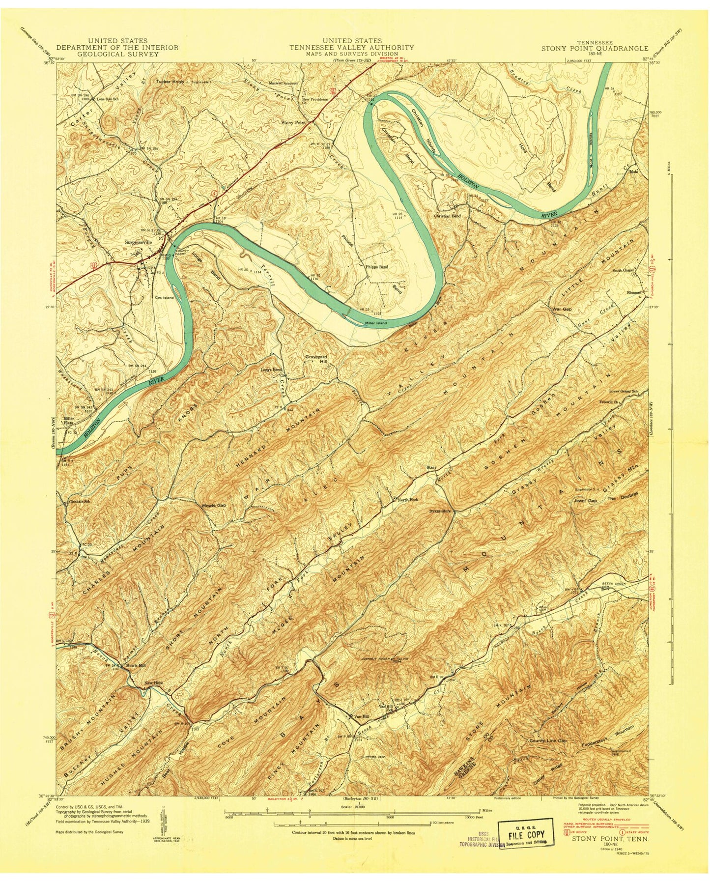 Classic USGS Stony Point Tennessee 7.5'x7.5' Topo Map Image