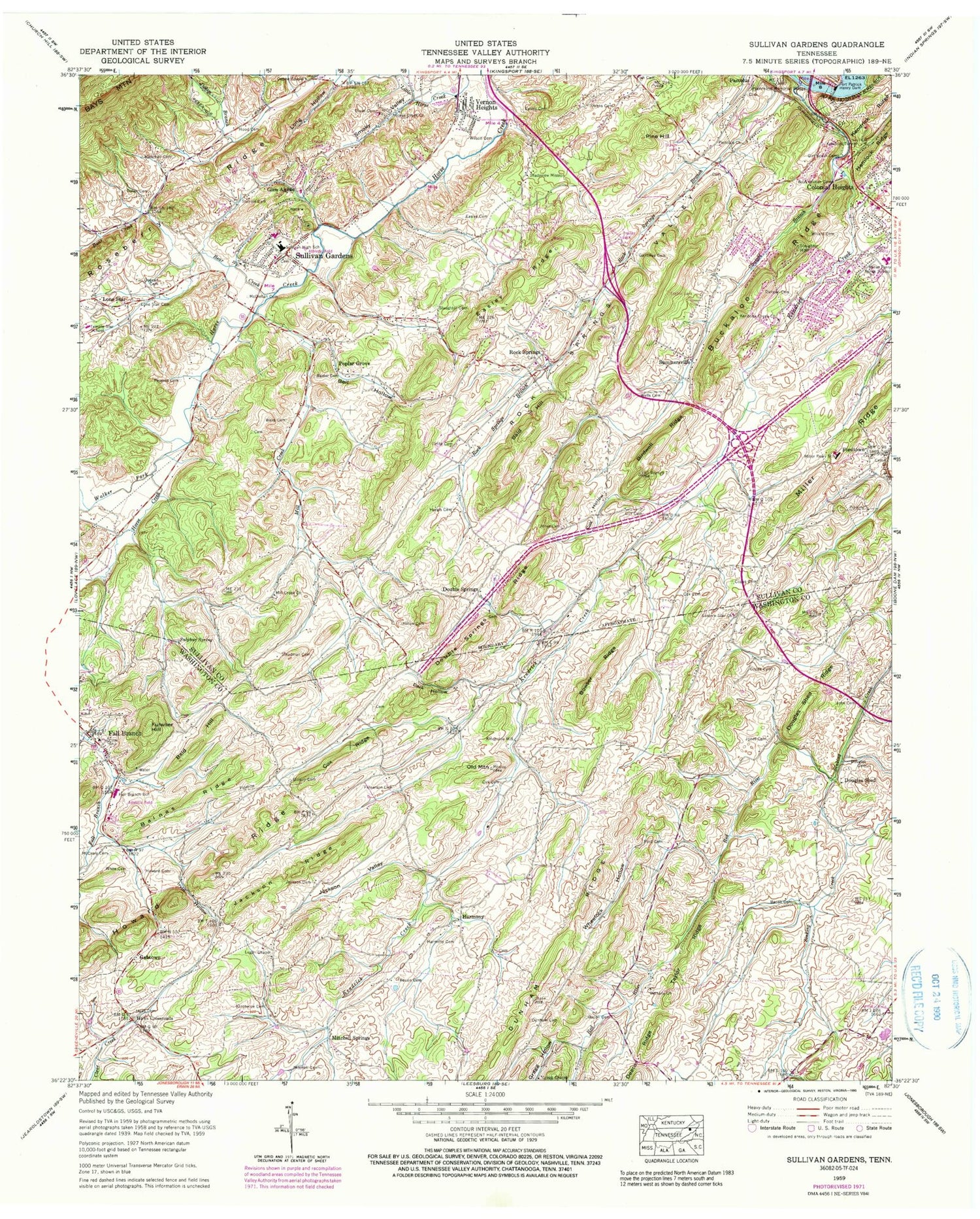 Classic USGS Sullivan Gardens Tennessee 7.5'x7.5' Topo Map Image