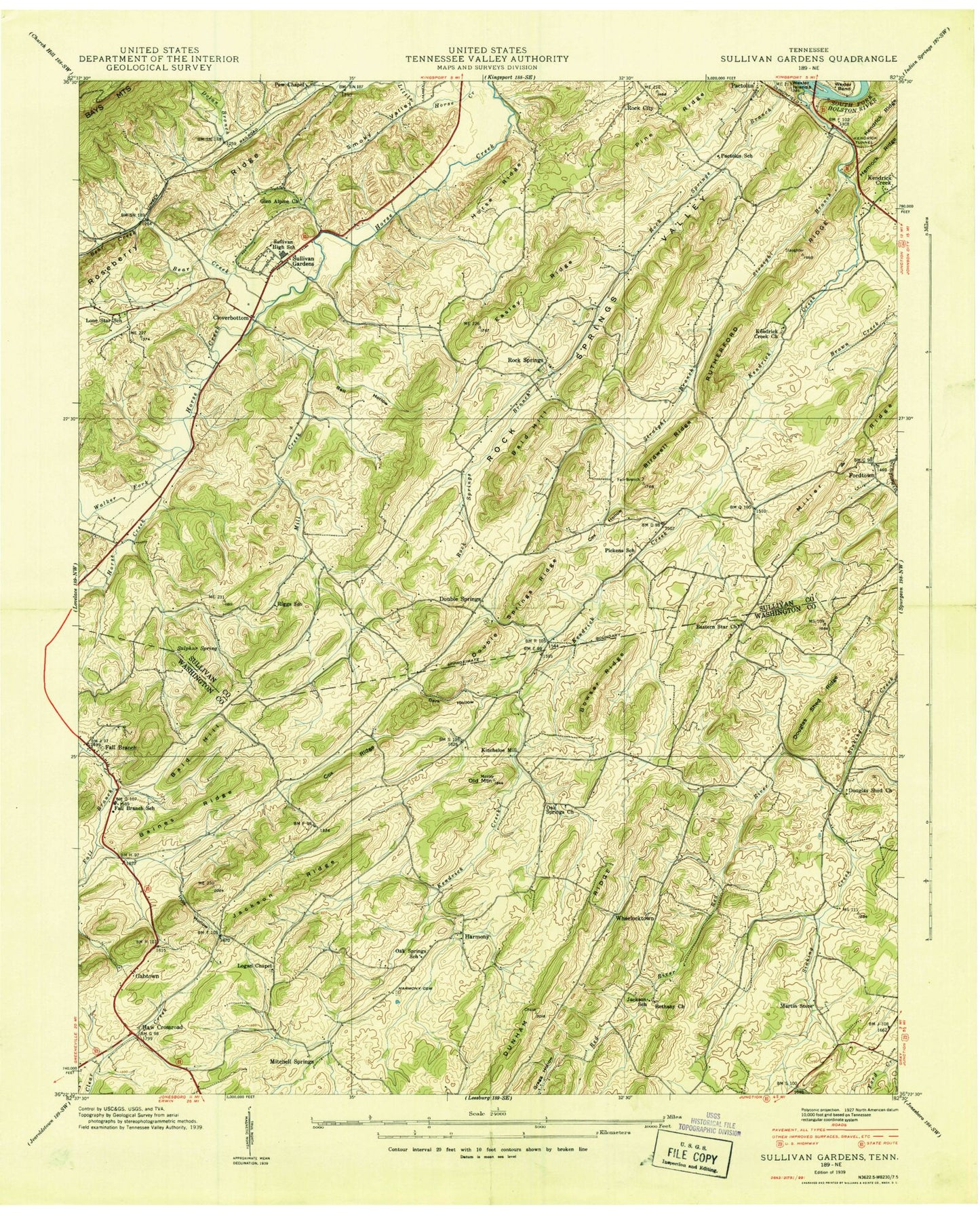 Classic USGS Sullivan Gardens Tennessee 7.5'x7.5' Topo Map Image