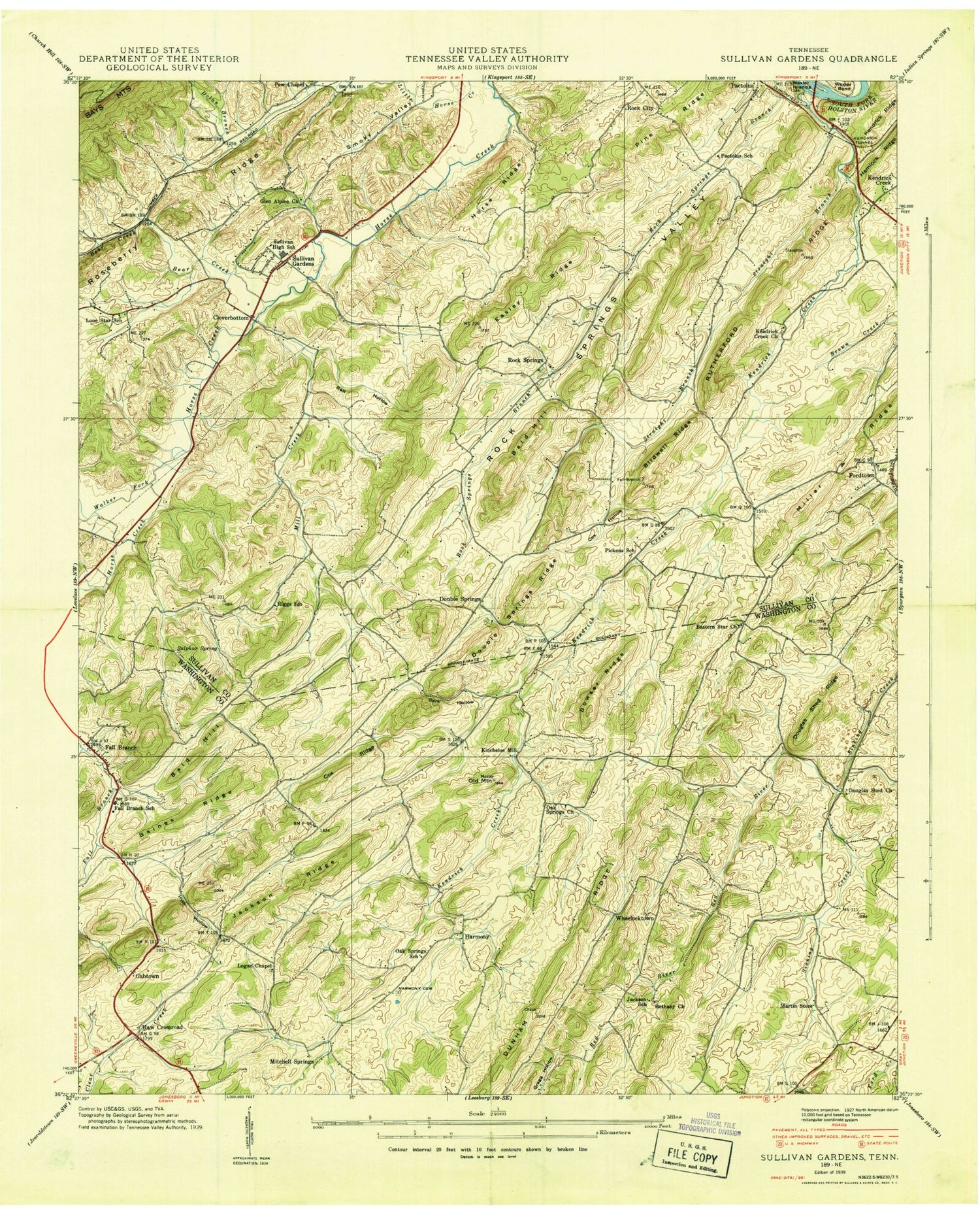 Classic USGS Sullivan Gardens Tennessee 7.5'x7.5' Topo Map Image