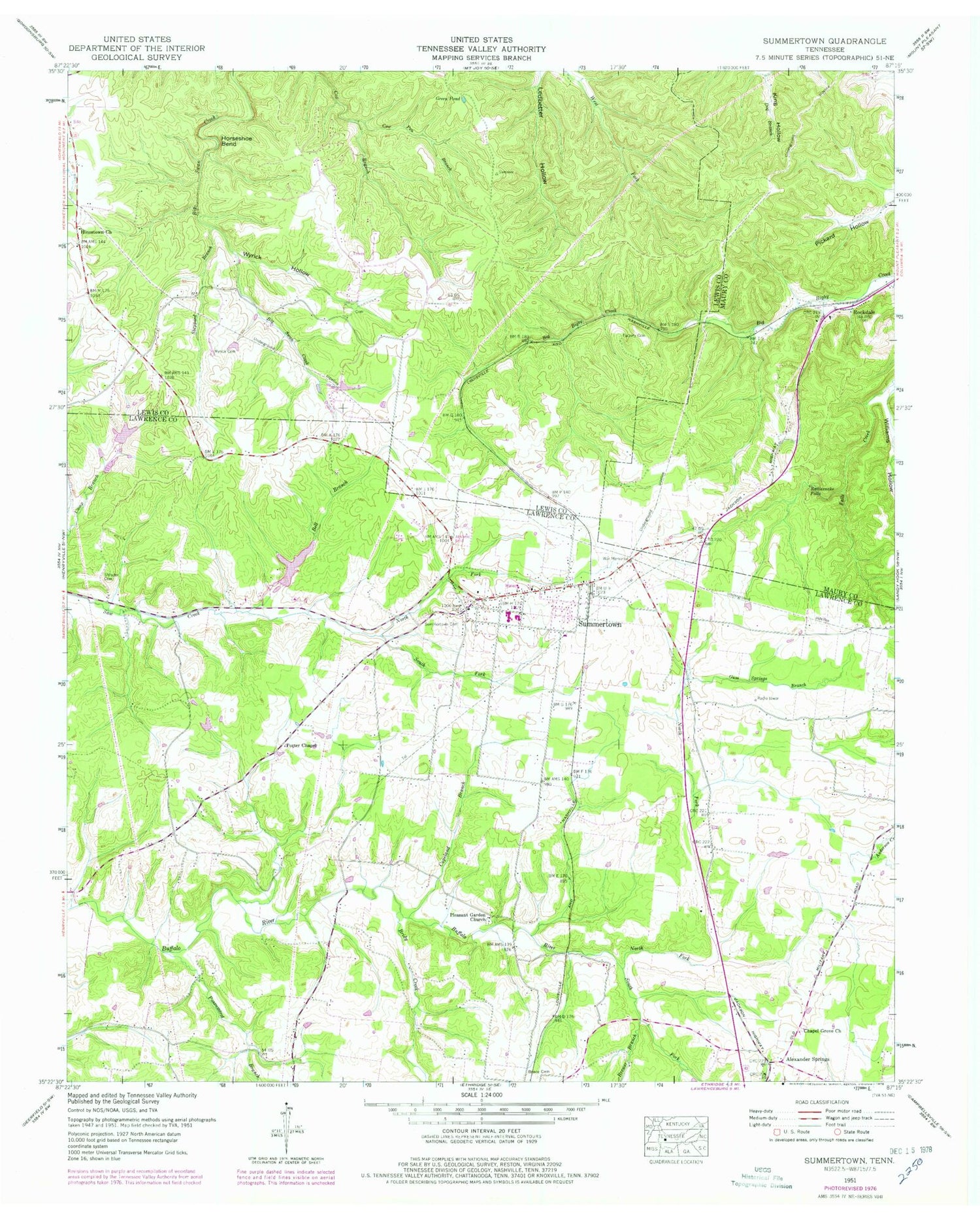 Classic USGS Summertown Tennessee 7.5'x7.5' Topo Map Image