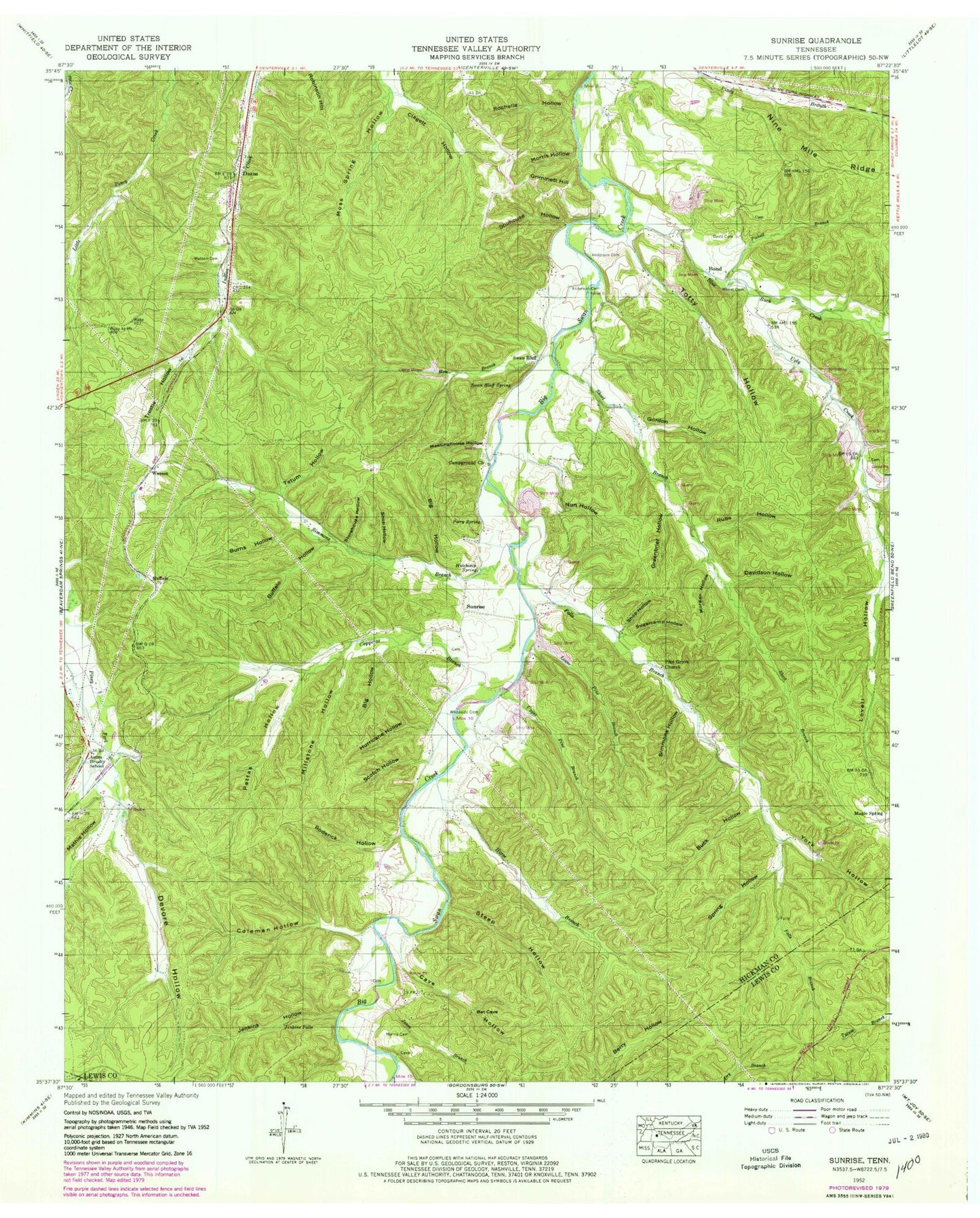 Classic USGS Sunrise Tennessee 7.5'x7.5' Topo Map Image