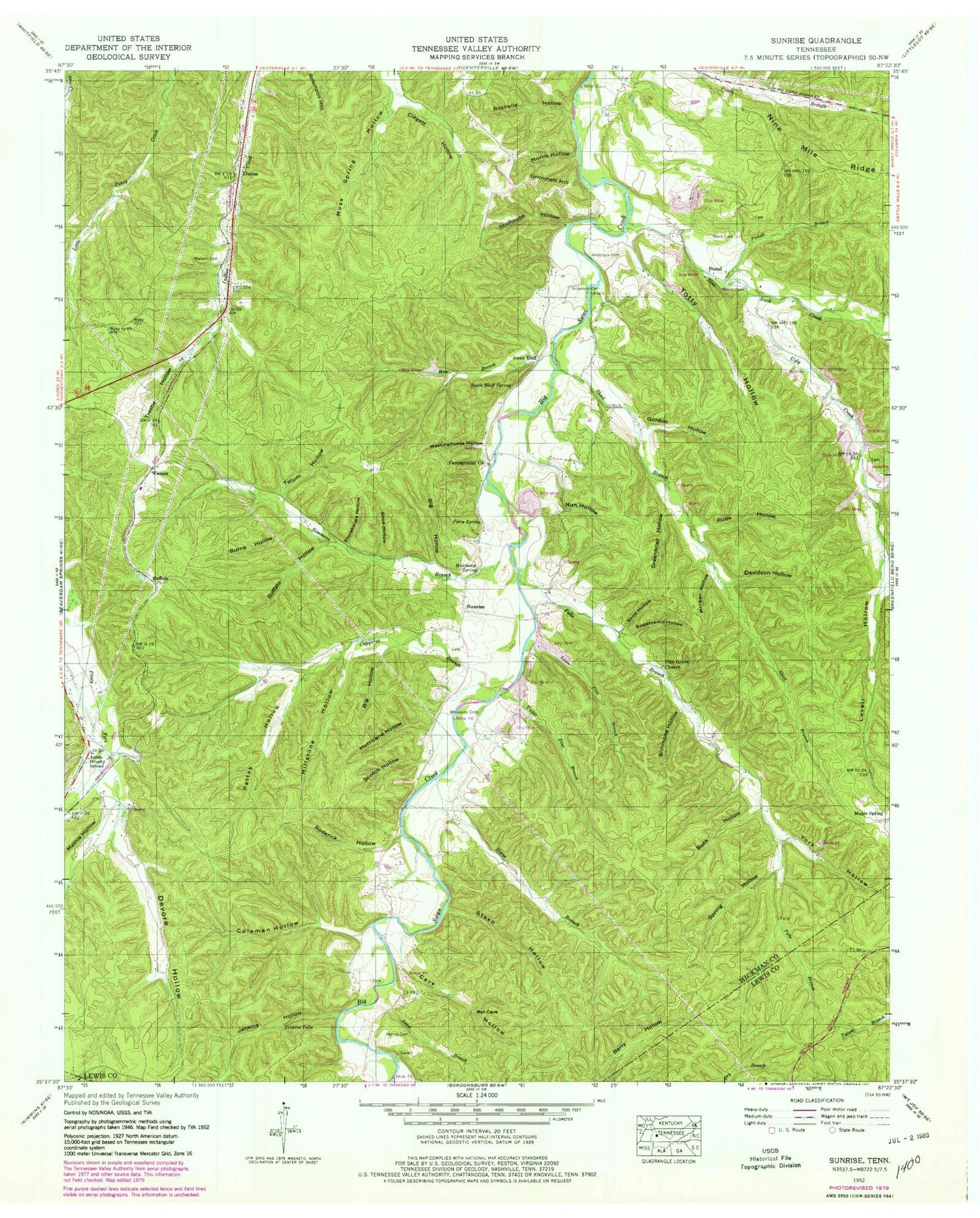 Classic USGS Sunrise Tennessee 7.5'x7.5' Topo Map Image
