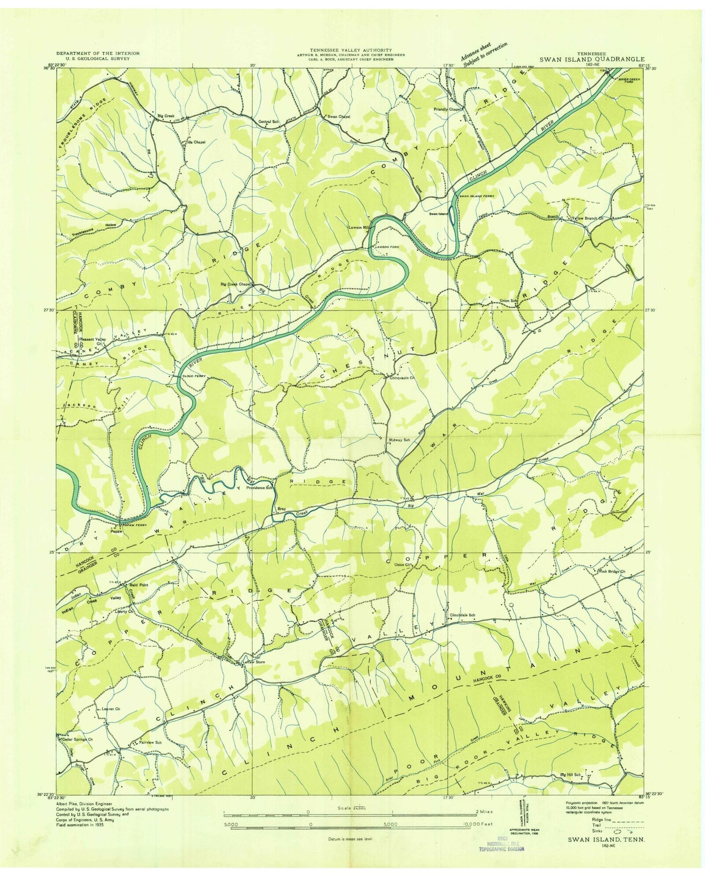 Classic USGS Swan Island Tennessee 7.5'x7.5' Topo Map Image