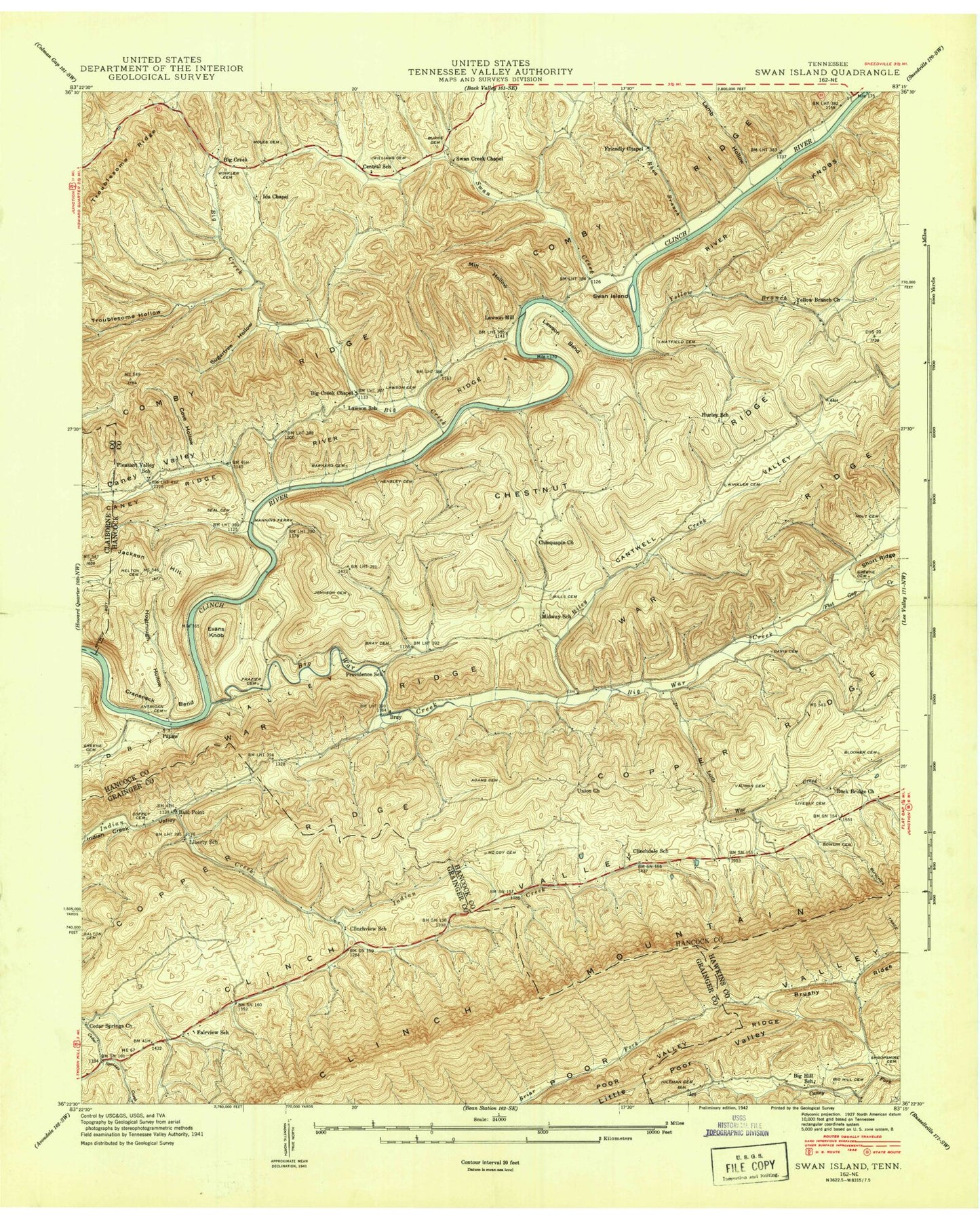 Classic USGS Swan Island Tennessee 7.5'x7.5' Topo Map Image