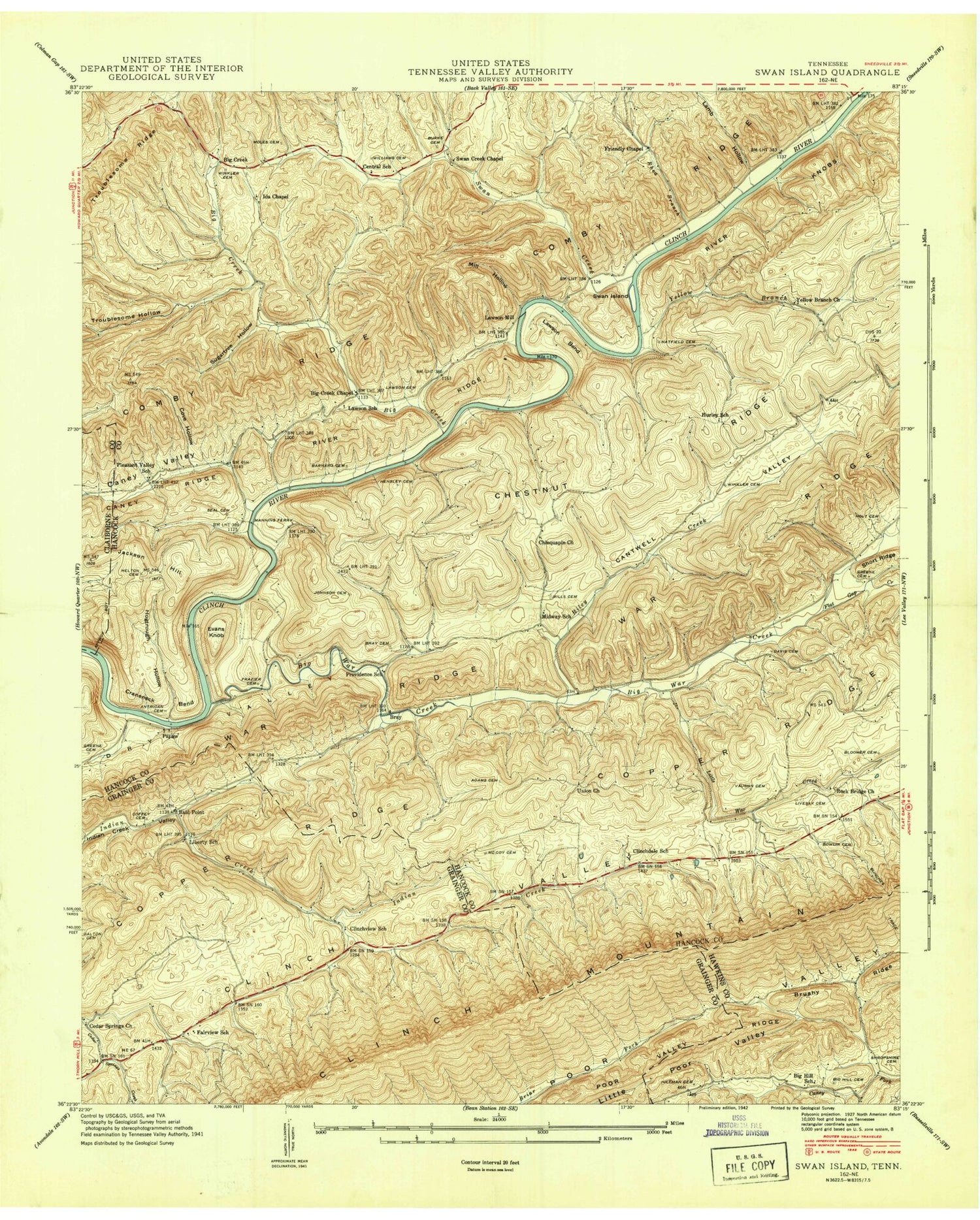 Classic USGS Swan Island Tennessee 7.5'x7.5' Topo Map Image