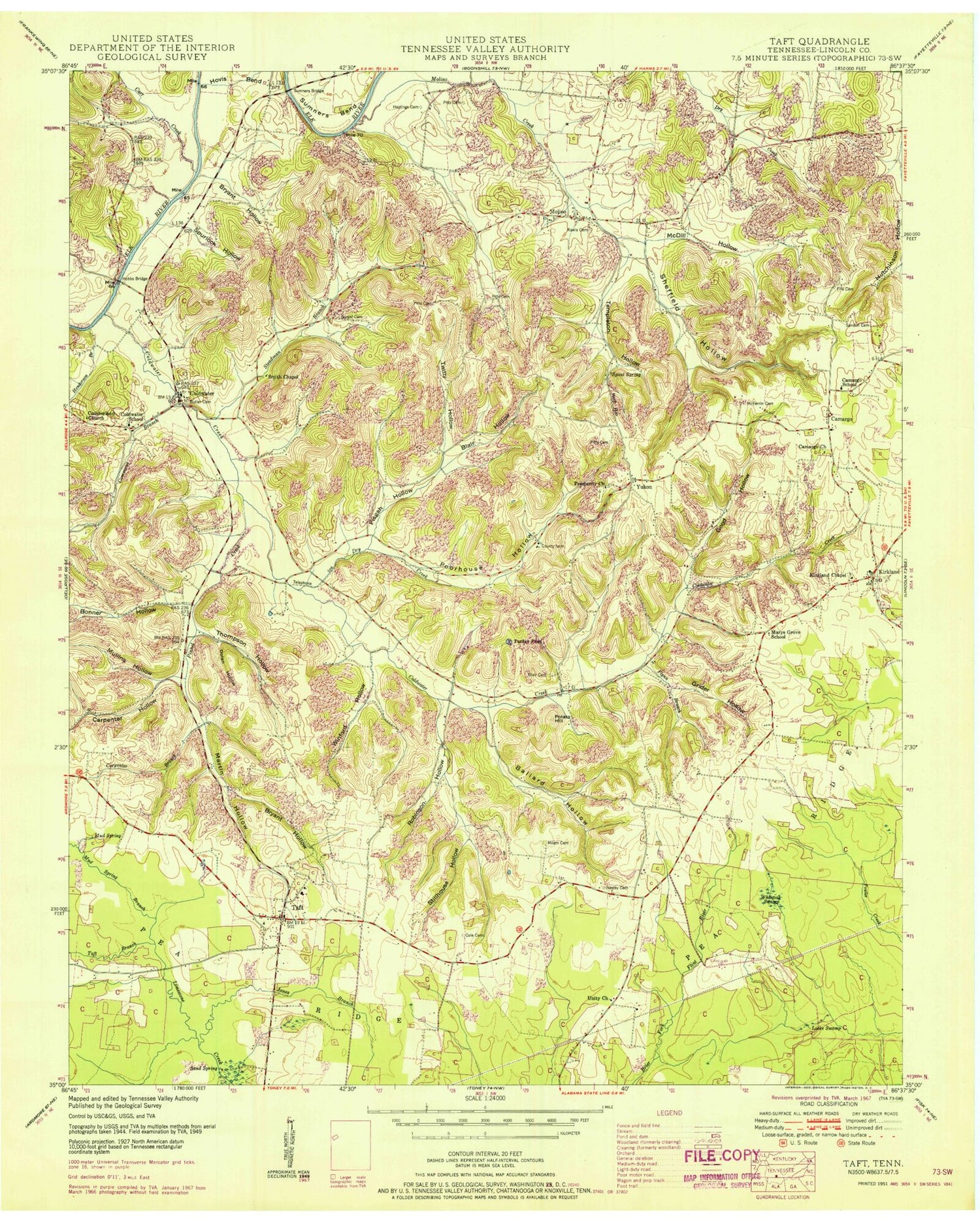 Classic USGS Taft Tennessee 7.5'x7.5' Topo Map Image