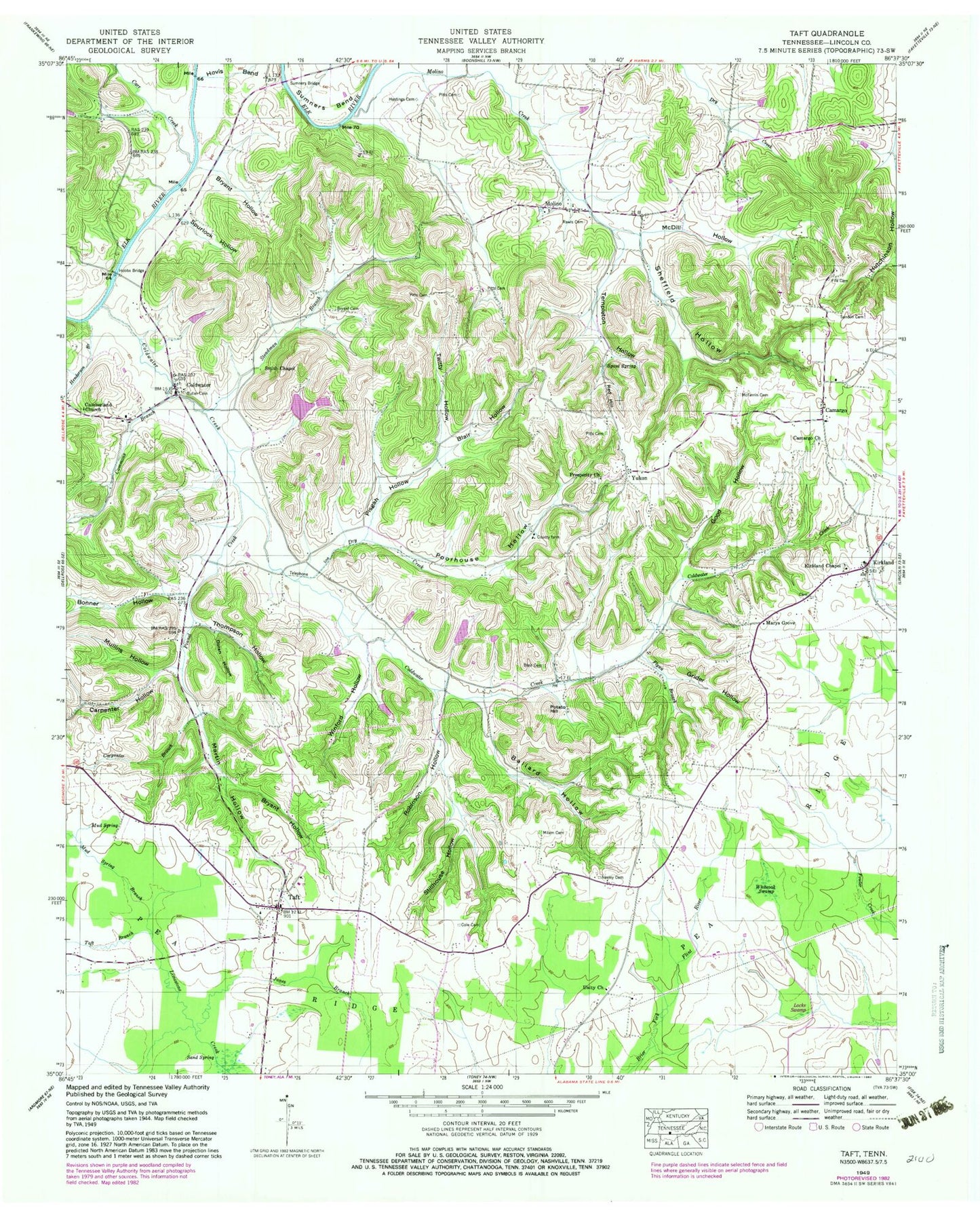 Classic USGS Taft Tennessee 7.5'x7.5' Topo Map Image