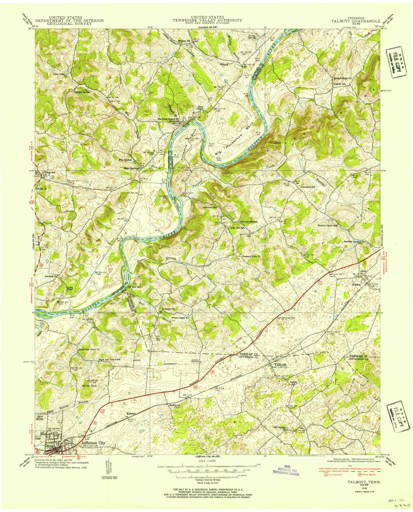 Classic USGS Talbott Tennessee 7.5'x7.5' Topo Map Image