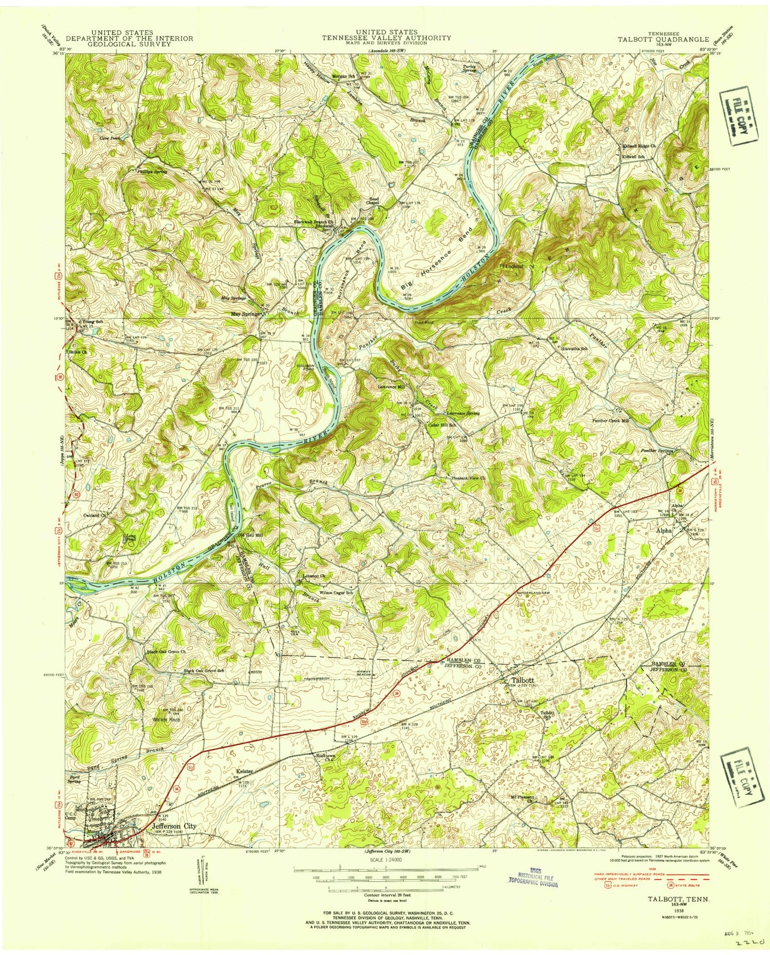 Classic USGS Talbott Tennessee 7.5'x7.5' Topo Map Image