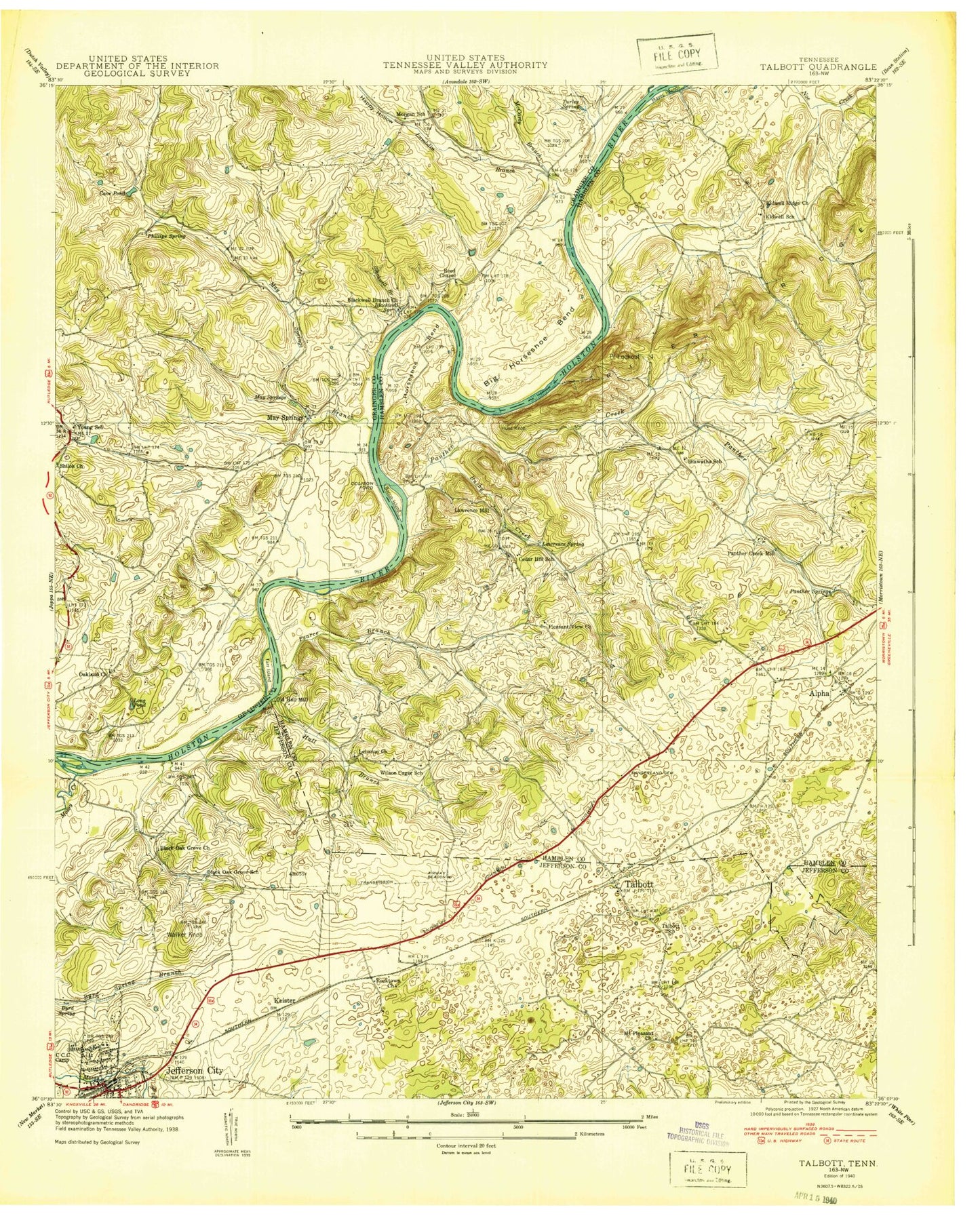 Classic USGS Talbott Tennessee 7.5'x7.5' Topo Map Image
