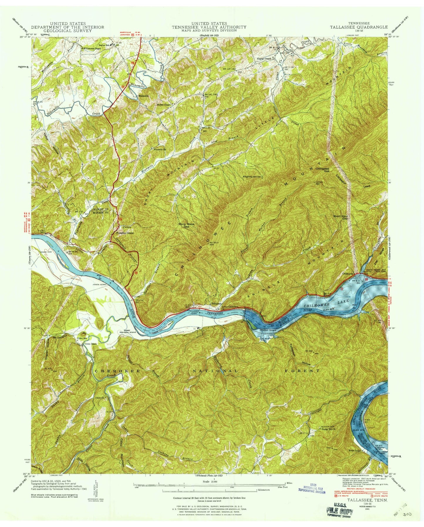 Classic USGS Tallassee Tennessee 7.5'x7.5' Topo Map Image