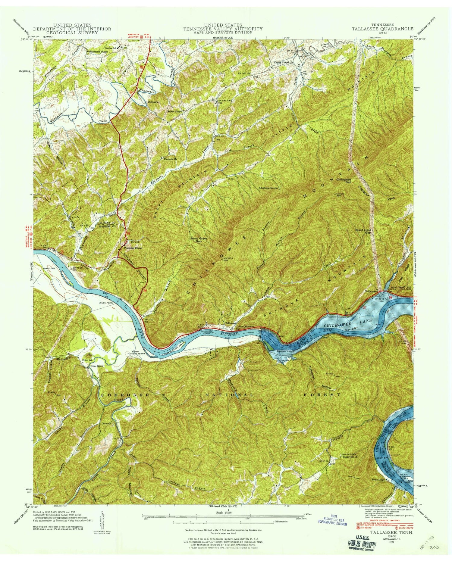 Classic USGS Tallassee Tennessee 7.5'x7.5' Topo Map Image