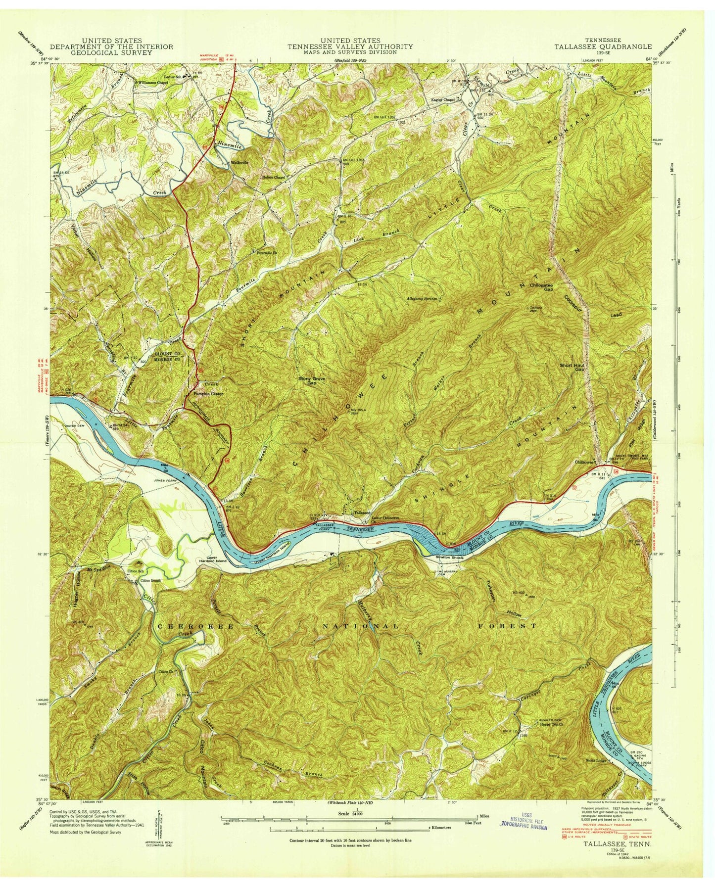 Classic USGS Tallassee Tennessee 7.5'x7.5' Topo Map Image