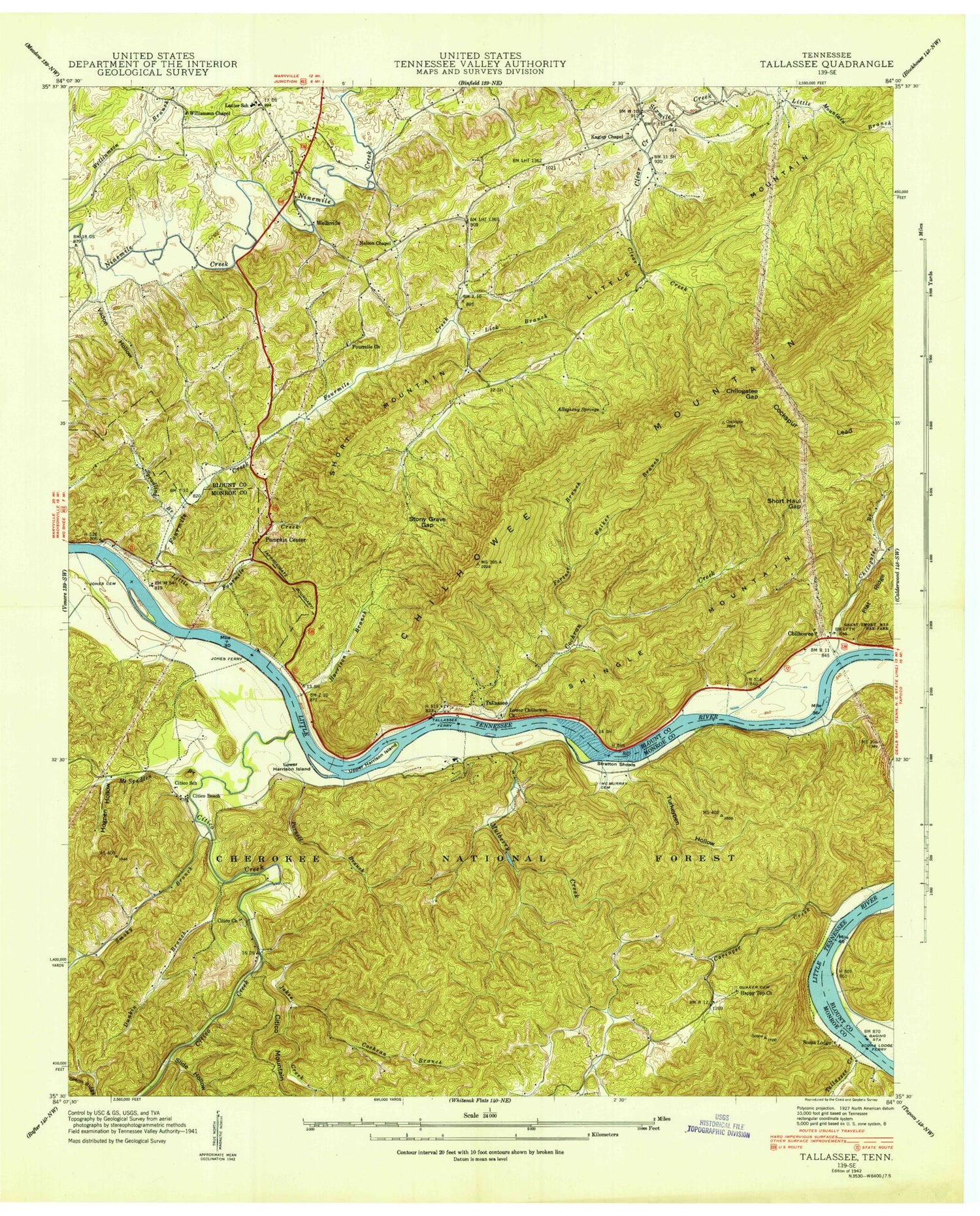 Classic USGS Tallassee Tennessee 7.5'x7.5' Topo Map Image