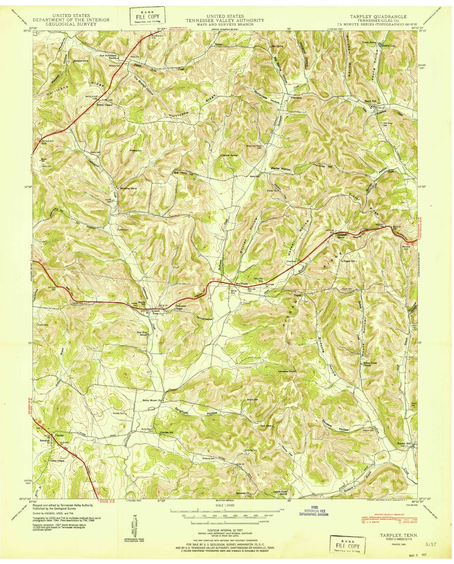Classic USGS Tarpley Tennessee 7.5'x7.5' Topo Map Image