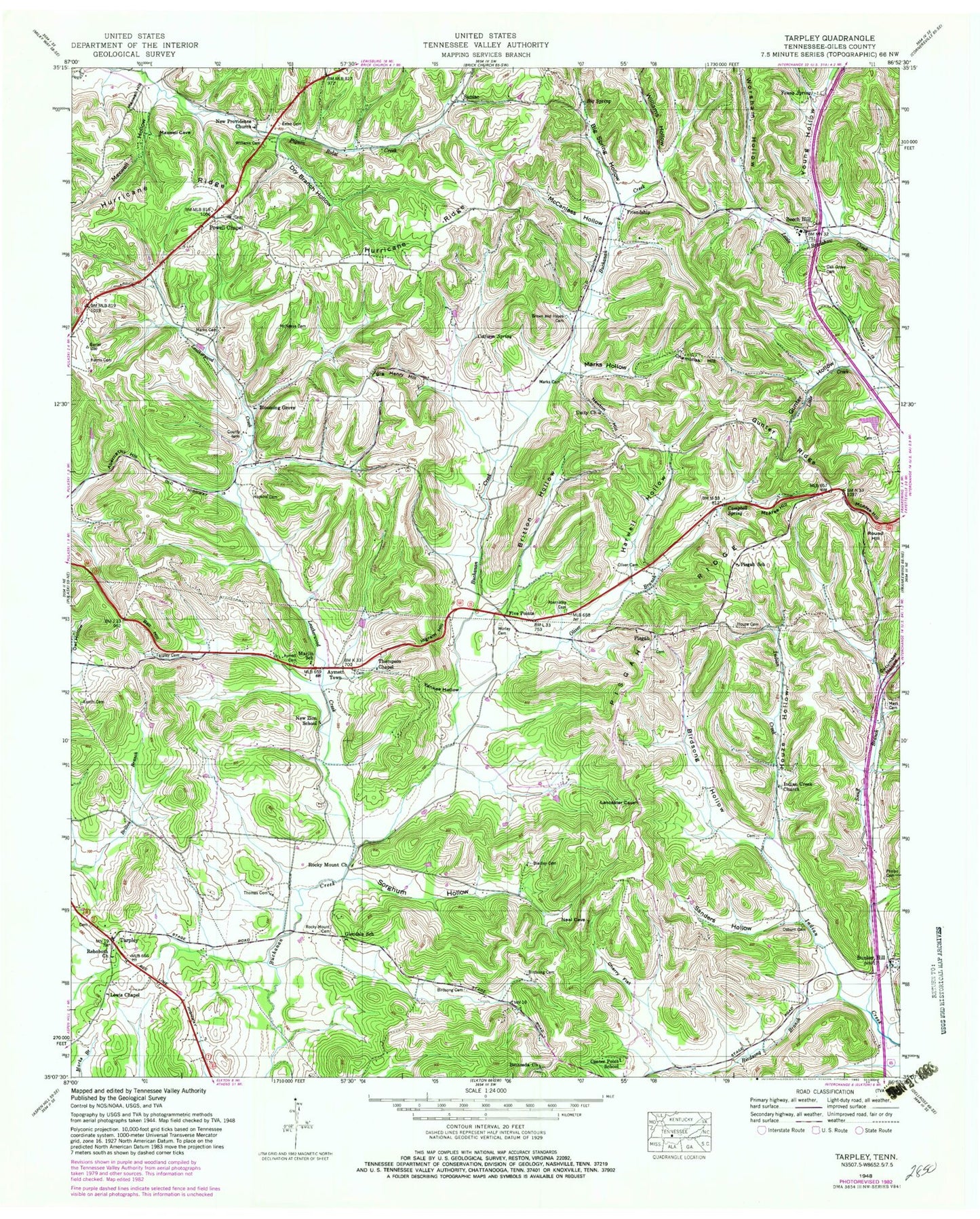 Classic USGS Tarpley Tennessee 7.5'x7.5' Topo Map Image
