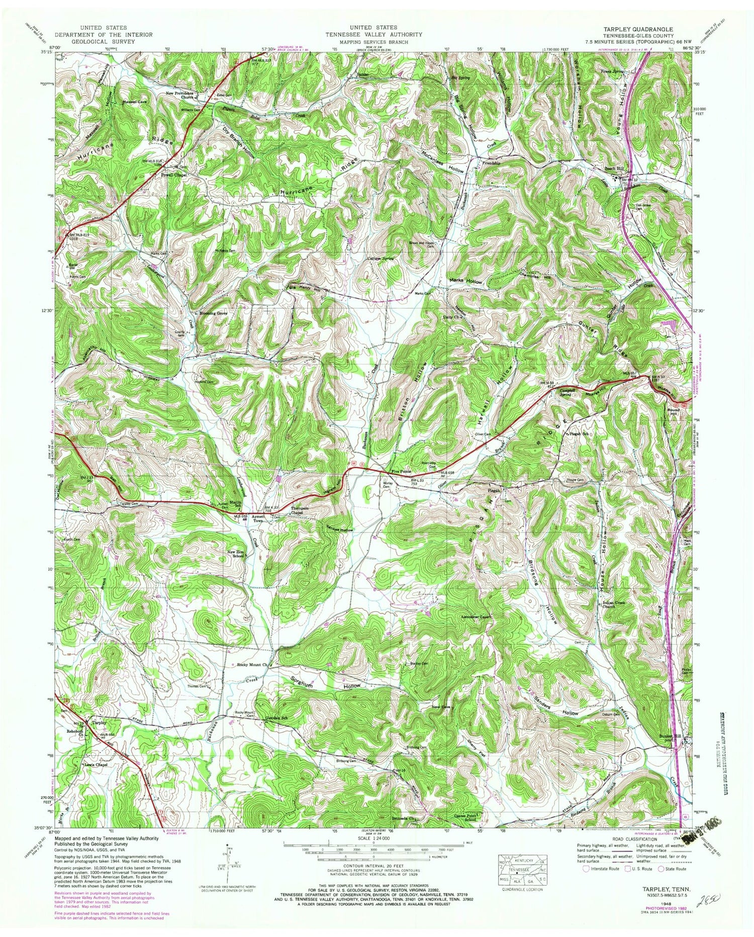 Classic USGS Tarpley Tennessee 7.5'x7.5' Topo Map Image